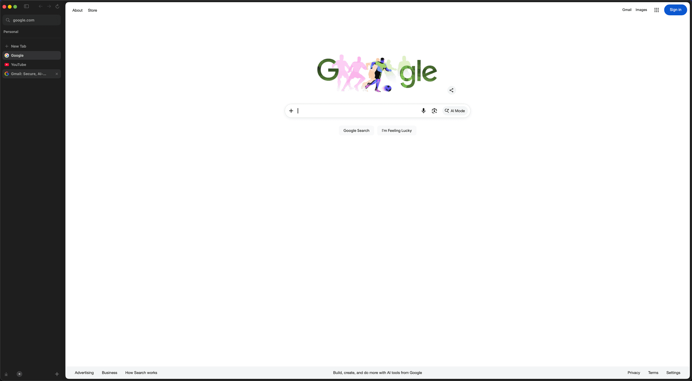 সাইডবারে Gmail ও YouTube এবং খোলা Google-সহ Candoa ব্রাউজার