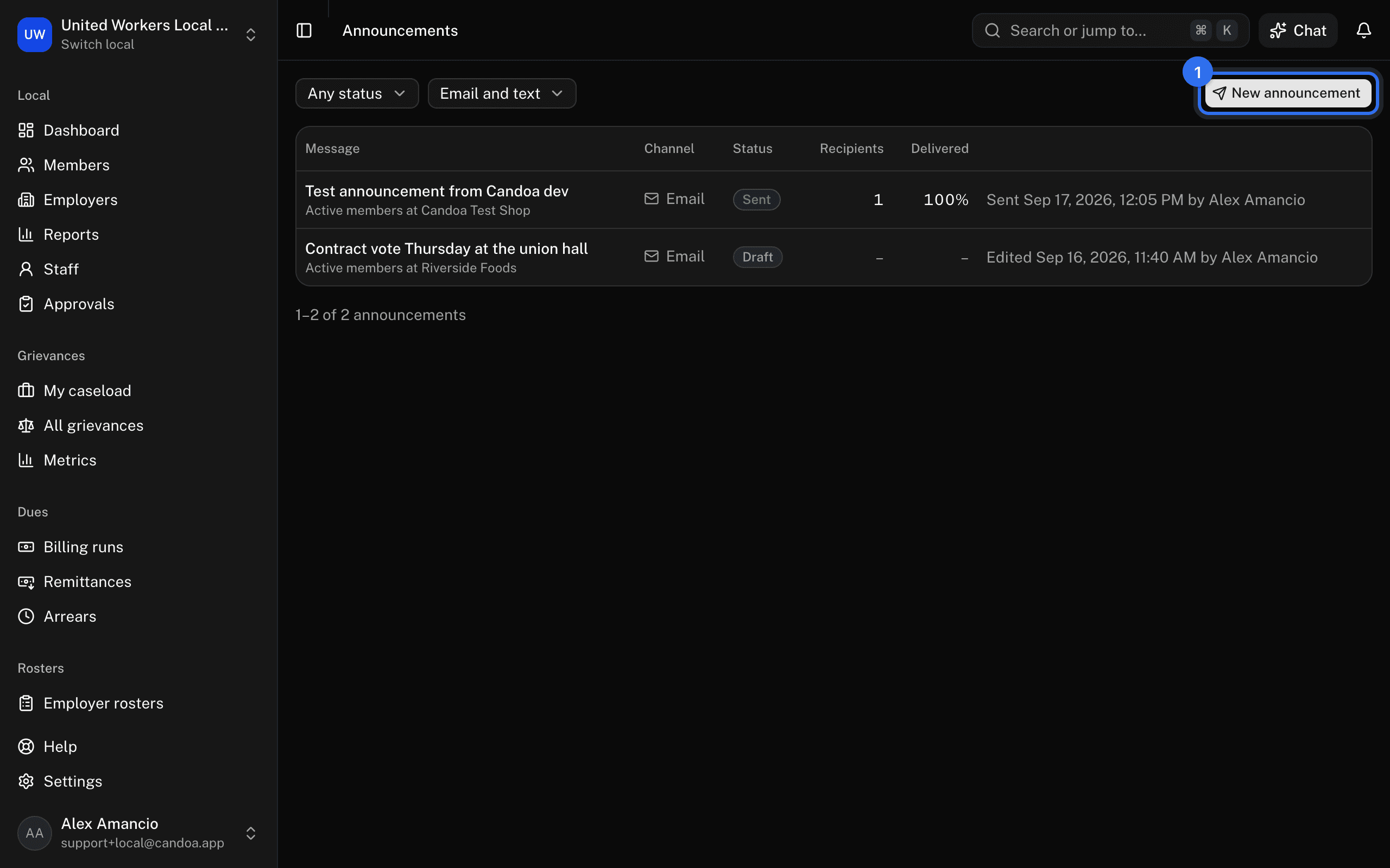New announcement (1) above the announcements list