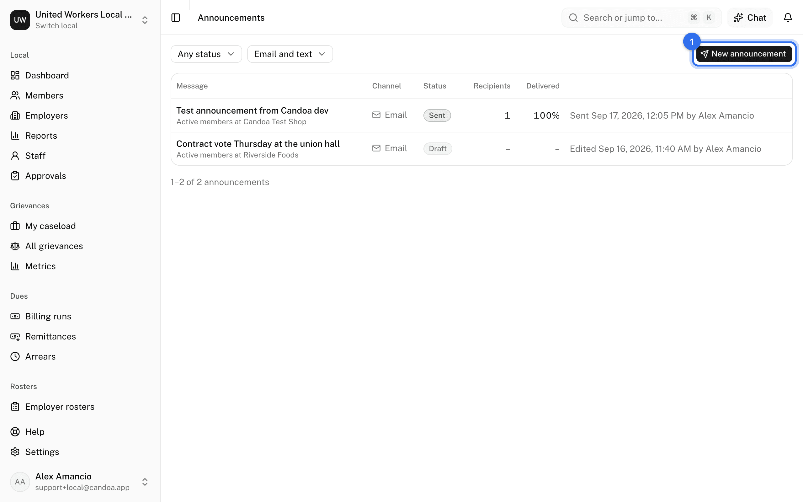 New announcement (1) above the announcements list