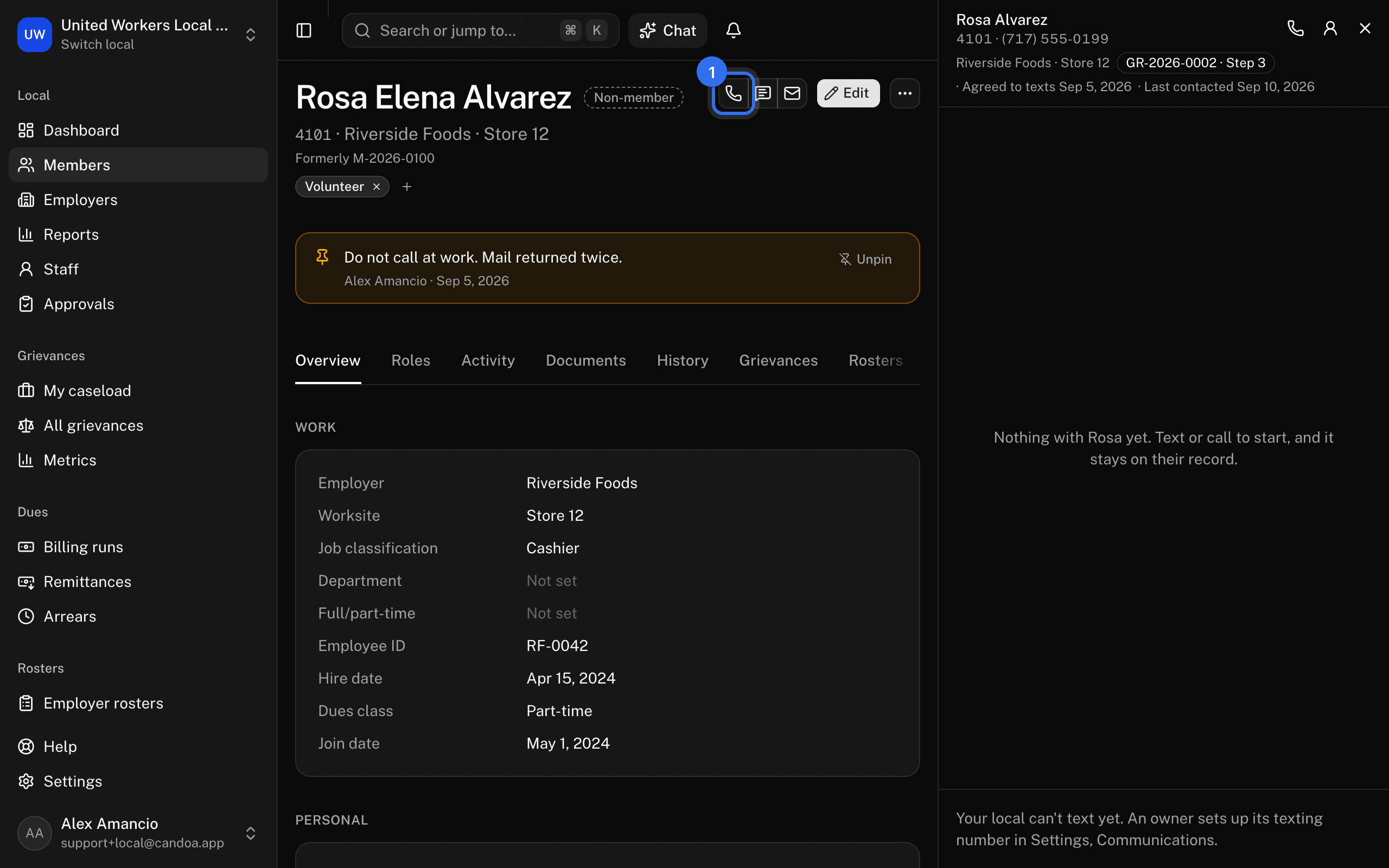 The Call button (1) on Rosa's record, with her conversation open beside it
