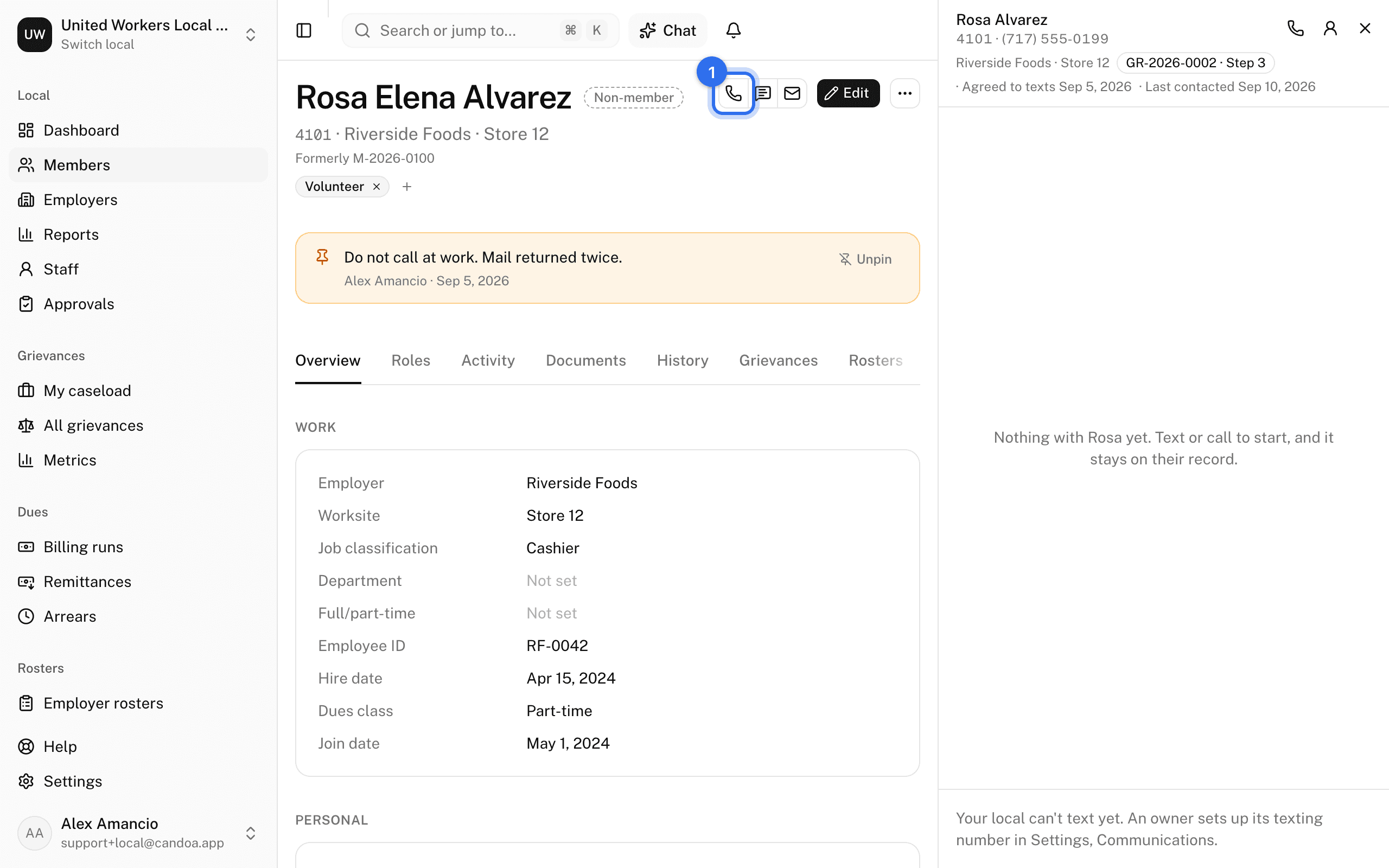 The Call button (1) on Rosa's record, with her conversation open beside it