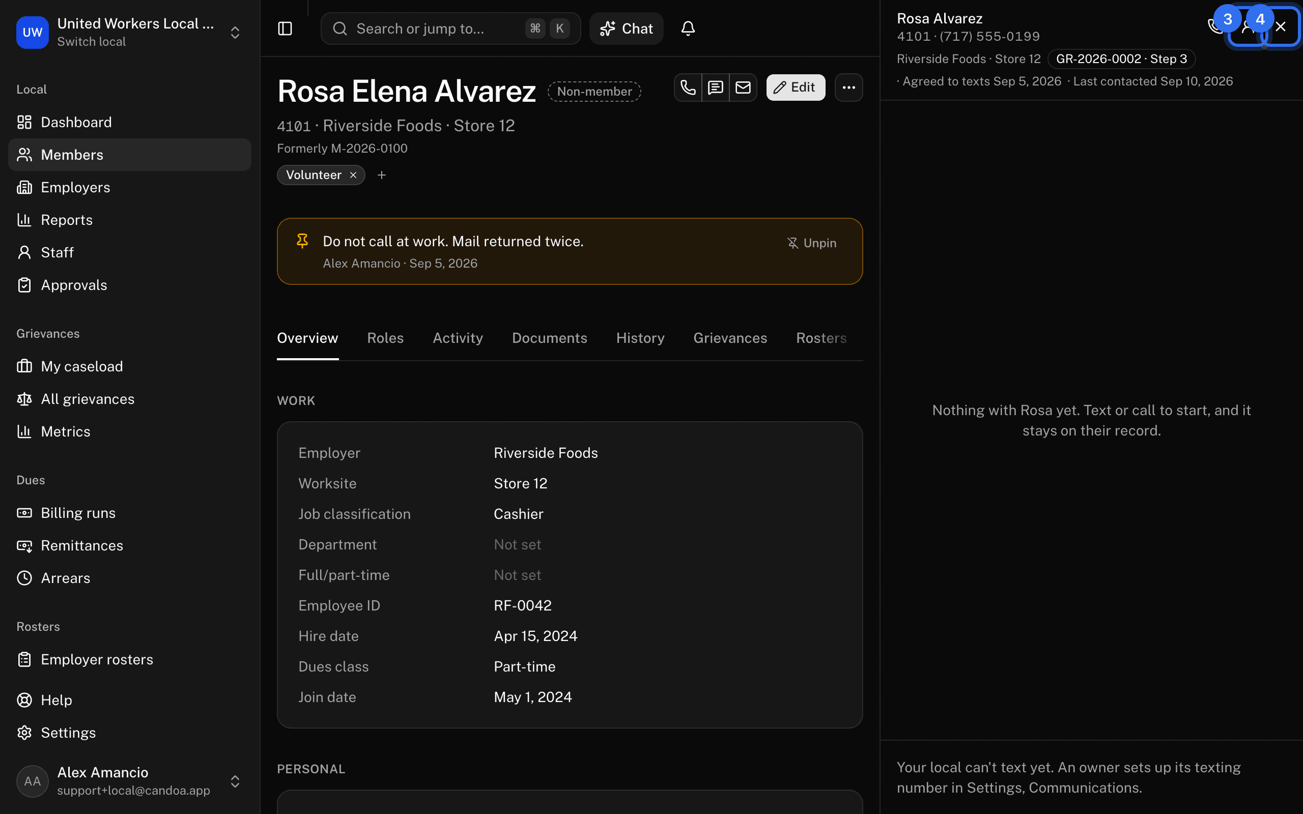 Rosa's conversation open in the side panel, with the person button (3) and the X (4) at the top