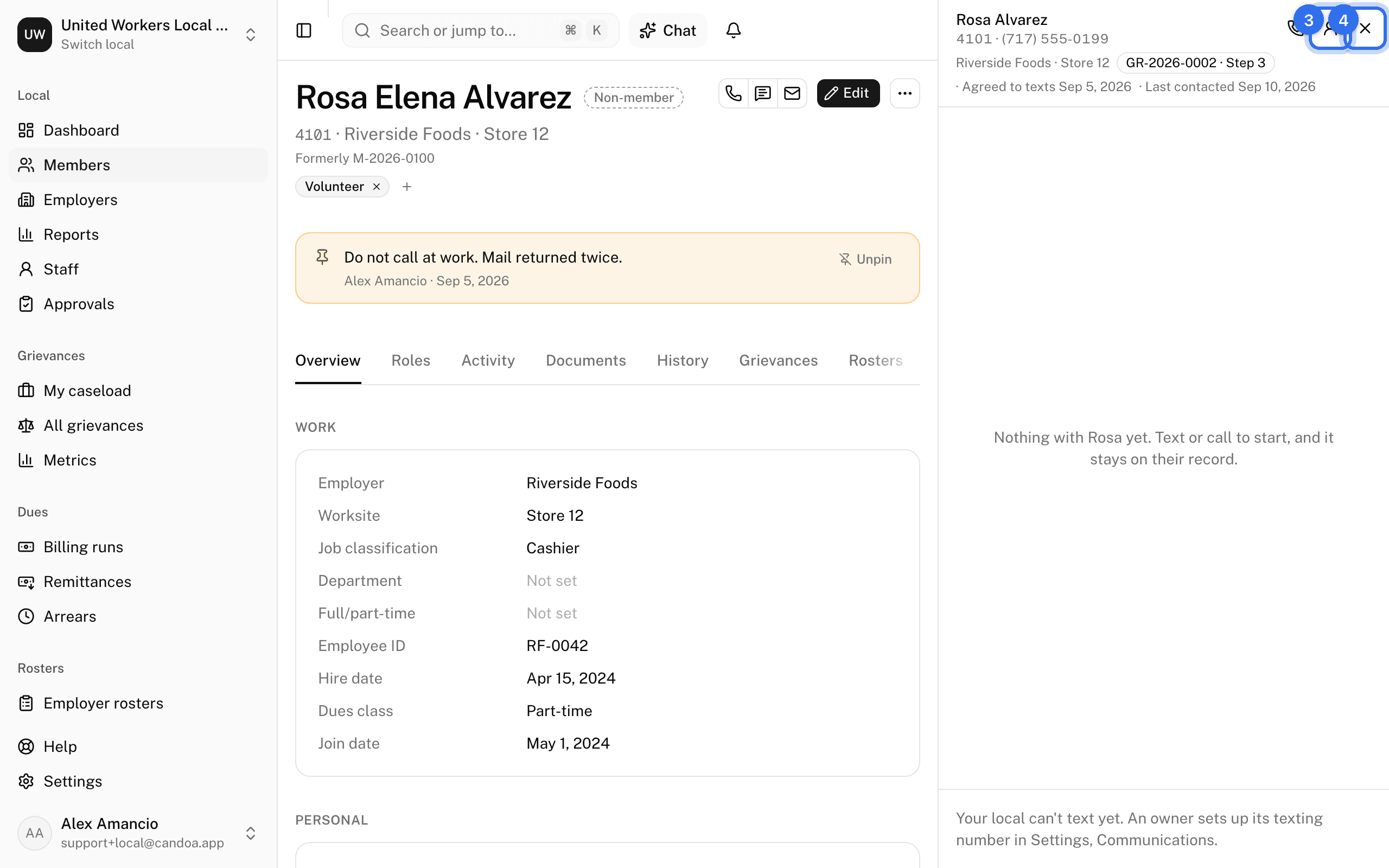 Rosa's conversation open in the side panel, with the person button (3) and the X (4) at the top