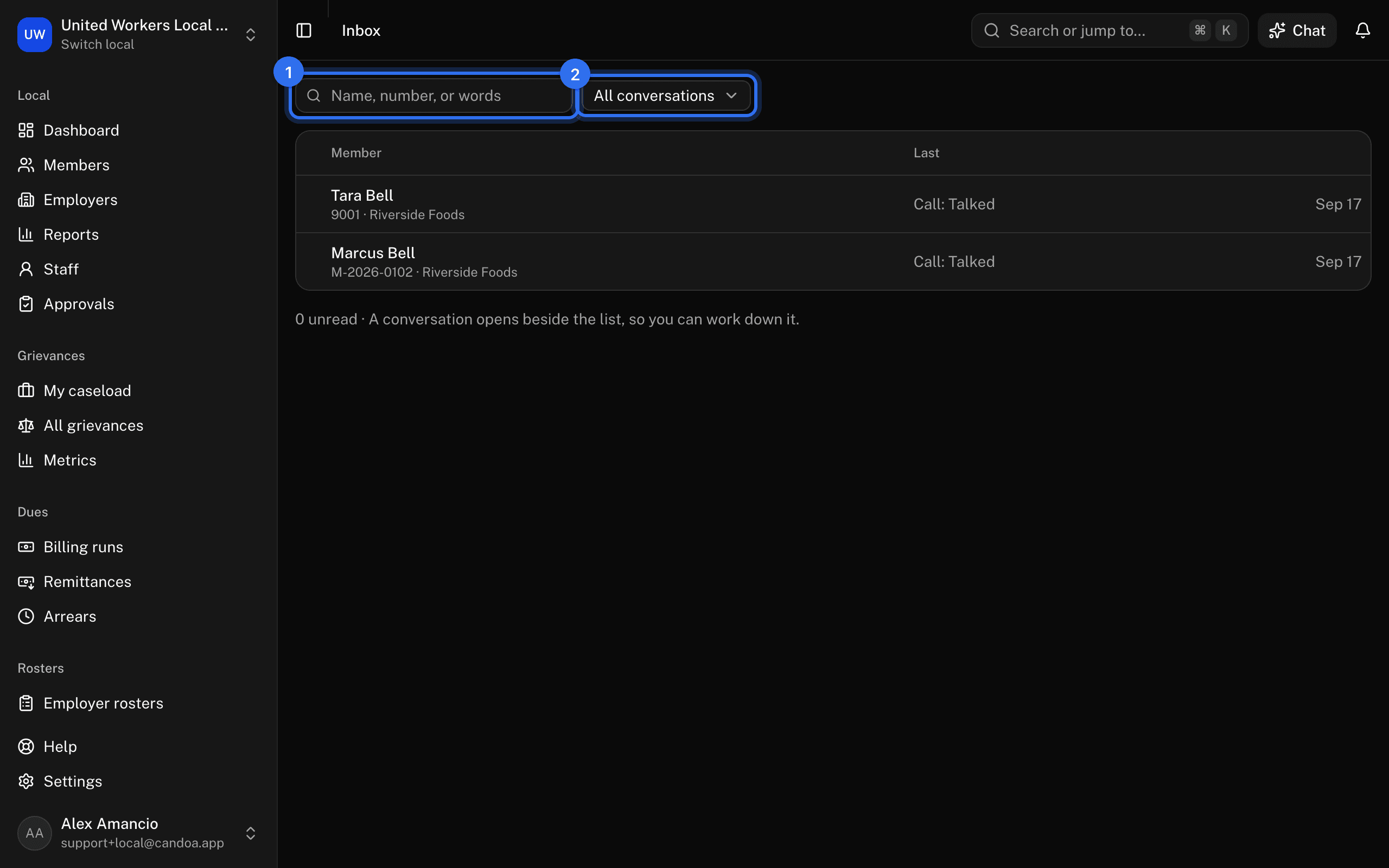 The search box (1) and the Show menu (2) above the Inbox list