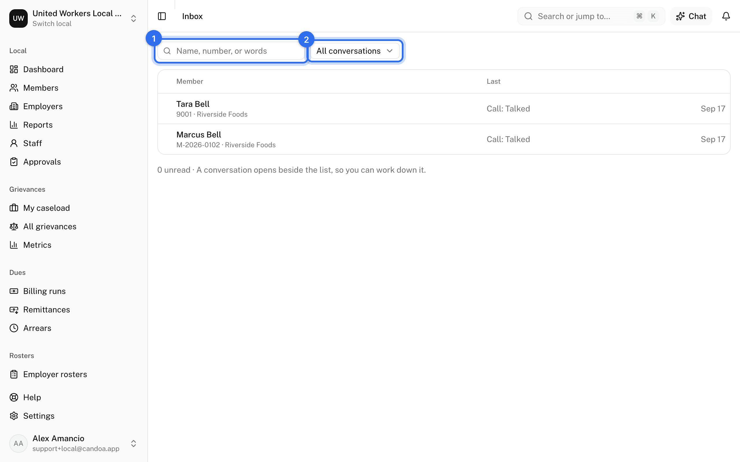 The search box (1) and the Show menu (2) above the Inbox list
