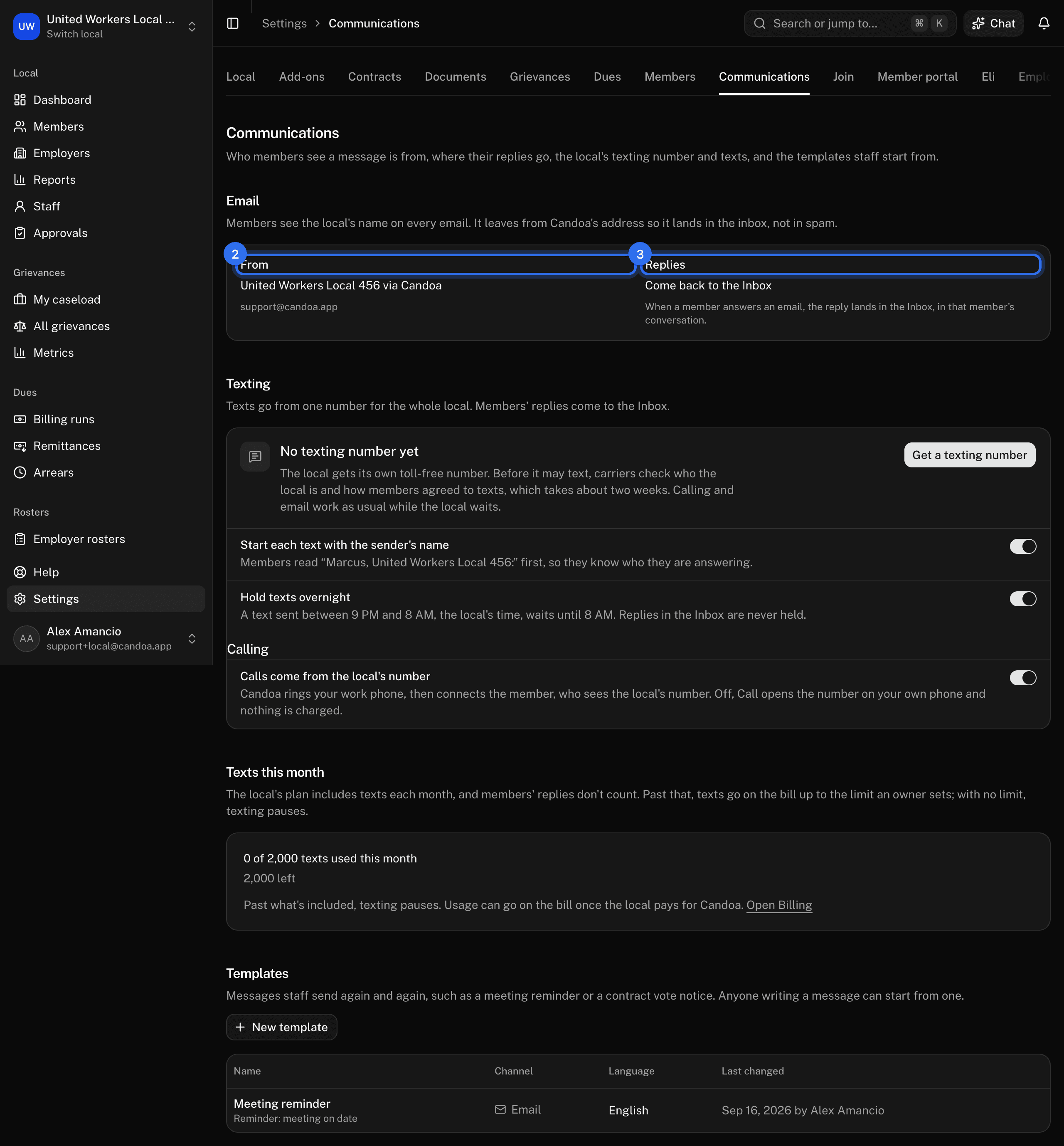 Settings › Communications: From (2) and Replies (3) under Email, then Texting, Texts this month, and Templates