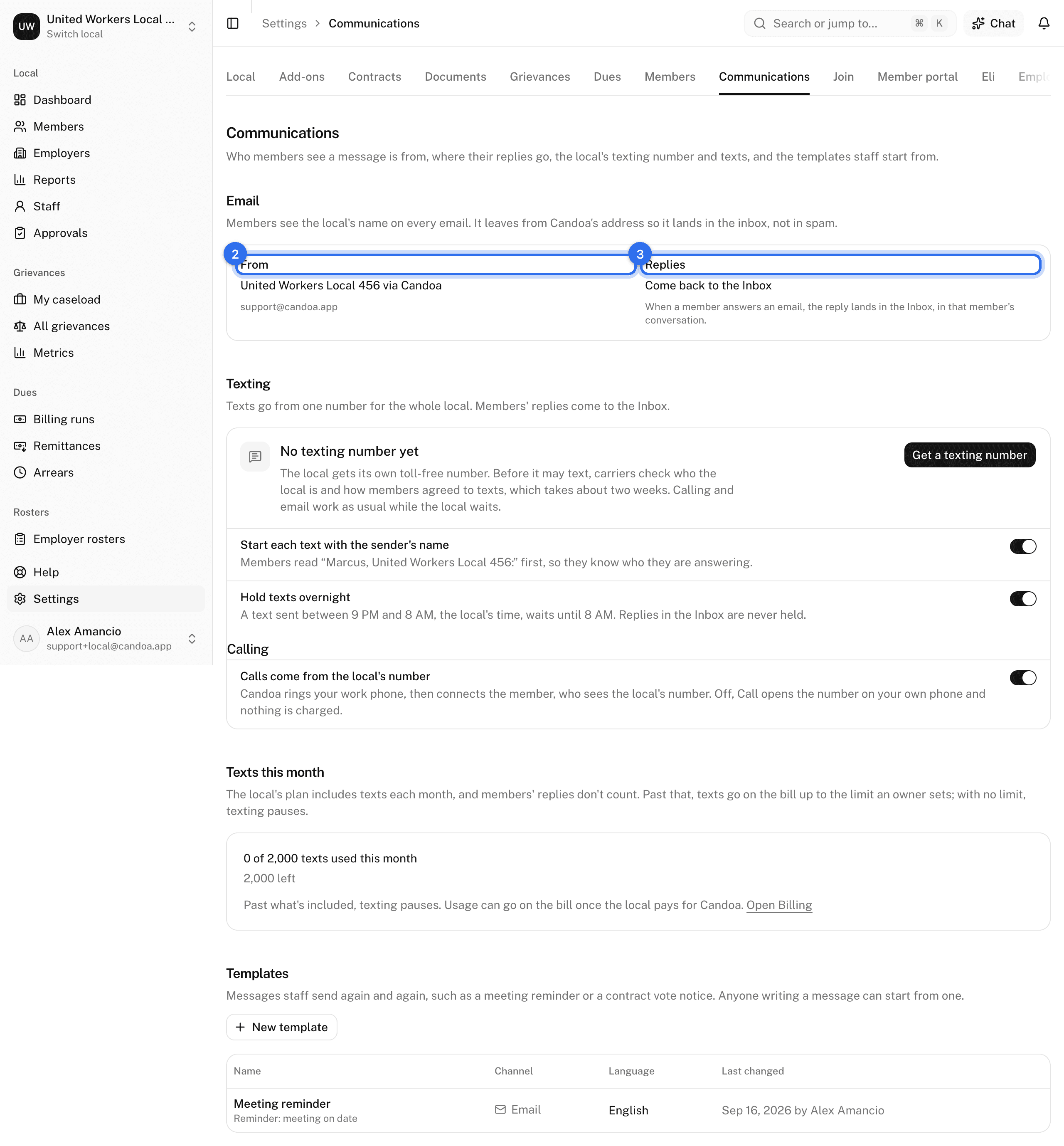 Settings › Communications: From (2) and Replies (3) under Email, then Texting, Texts this month, and Templates