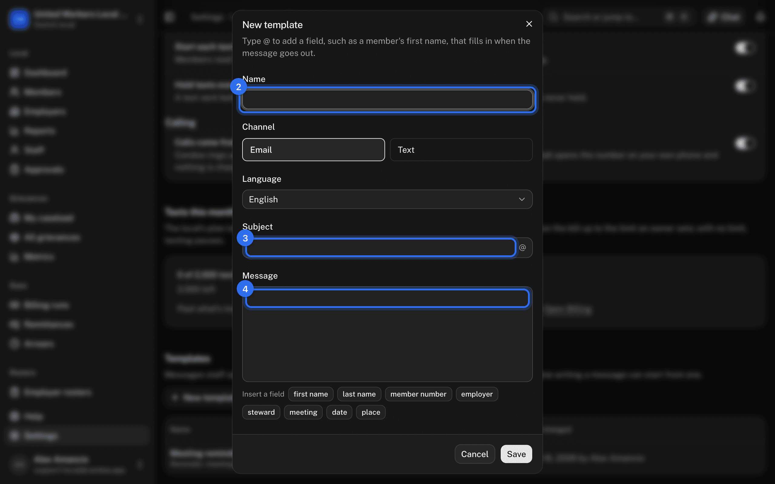 The New template dialog: Name (2), Subject (3), and Message (4)