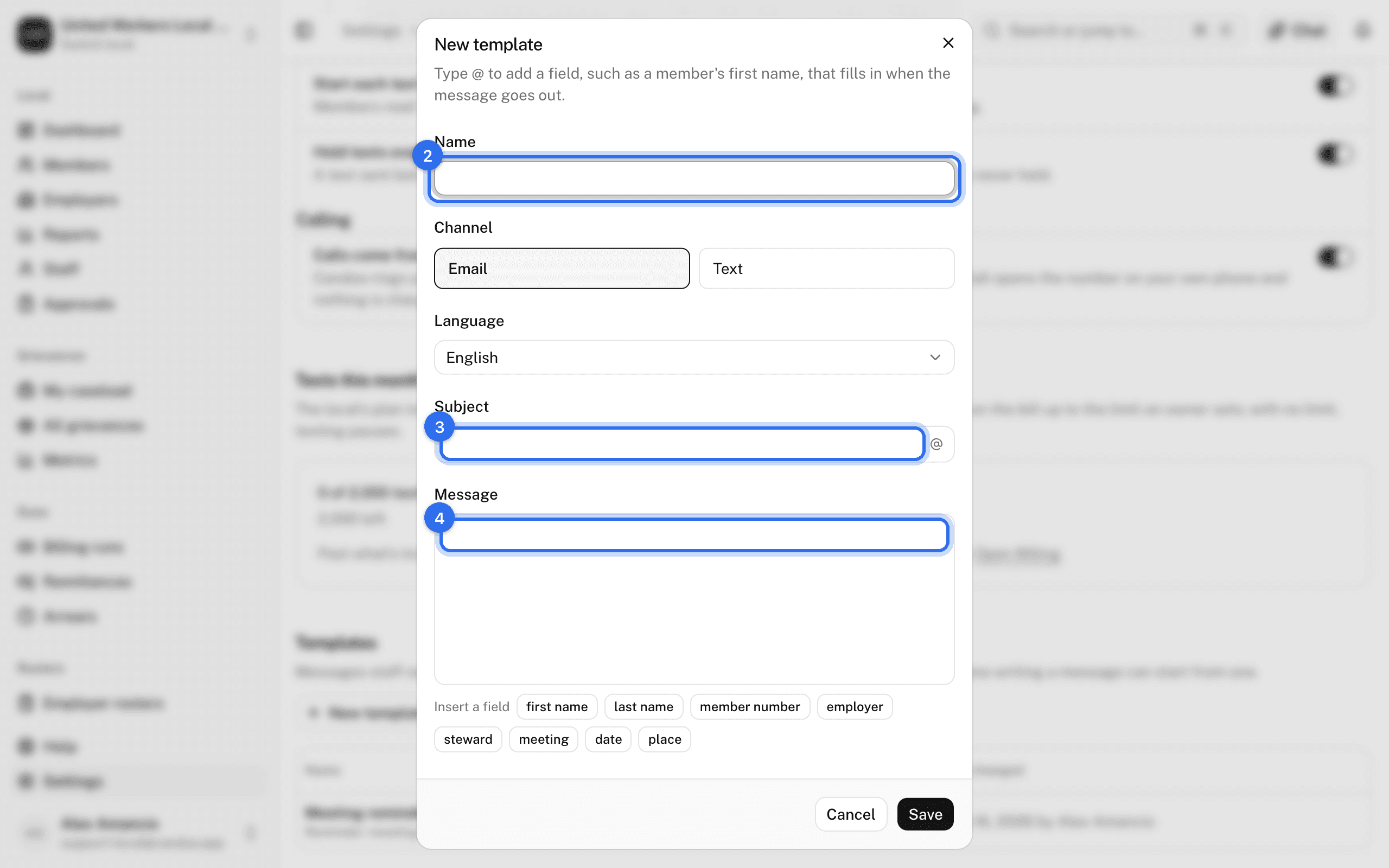 The New template dialog: Name (2), Subject (3), and Message (4)