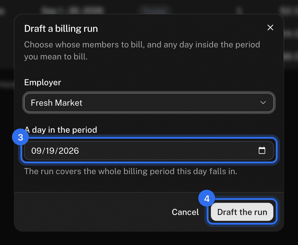 The Draft a run dialog: Employer (2), A day in the period (3), and Draft the run (4)