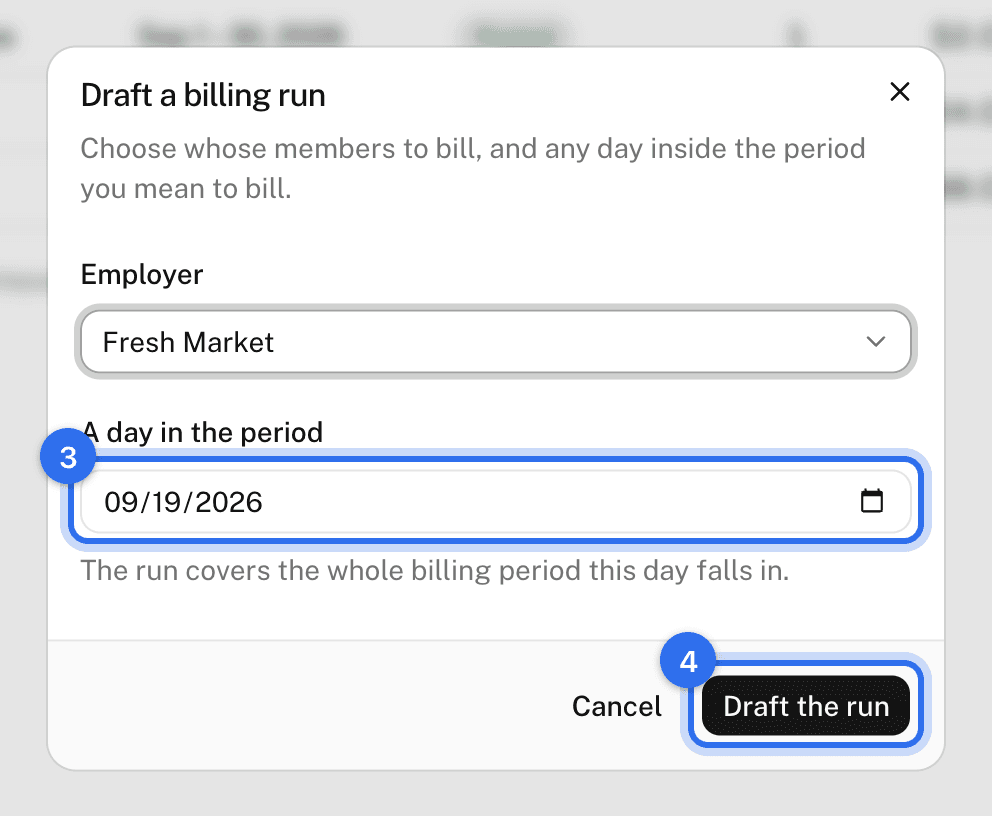 The Draft a run dialog: Employer (2), A day in the period (3), and Draft the run (4)