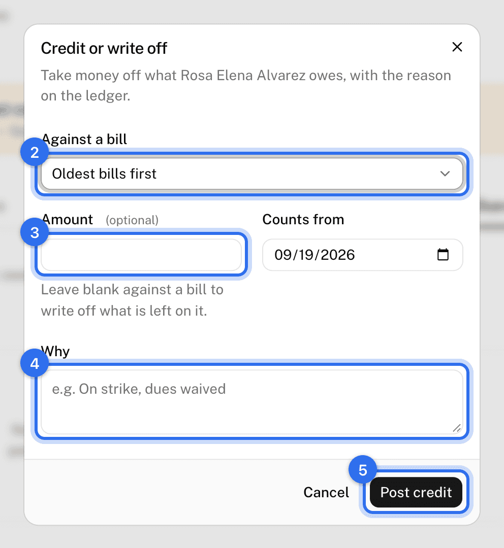 The Credit or write off dialog: Against a bill (2), Amount (3), Why (4), and Post credit (5)