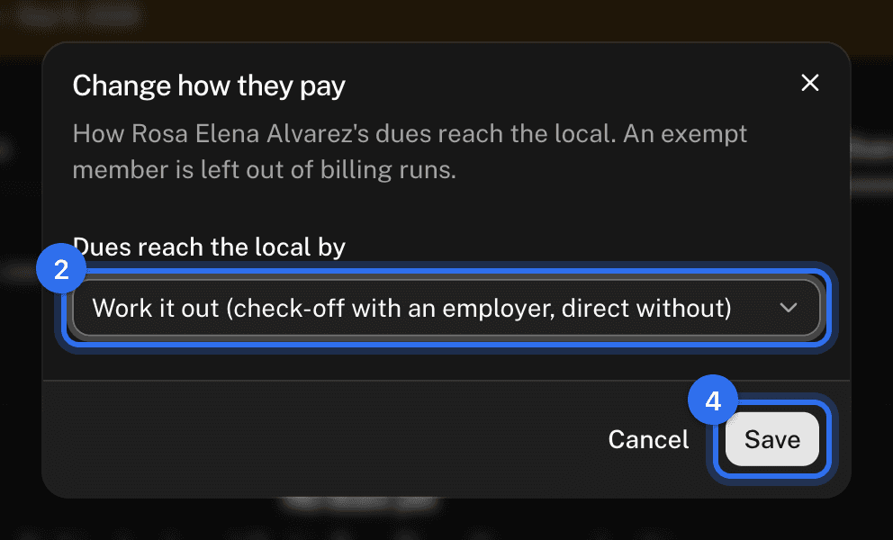 Changing how a member pays: the choice (2) and Save (4)