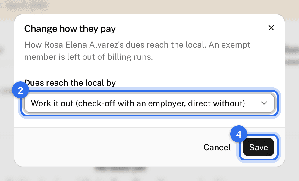 Changing how a member pays: the choice (2) and Save (4)