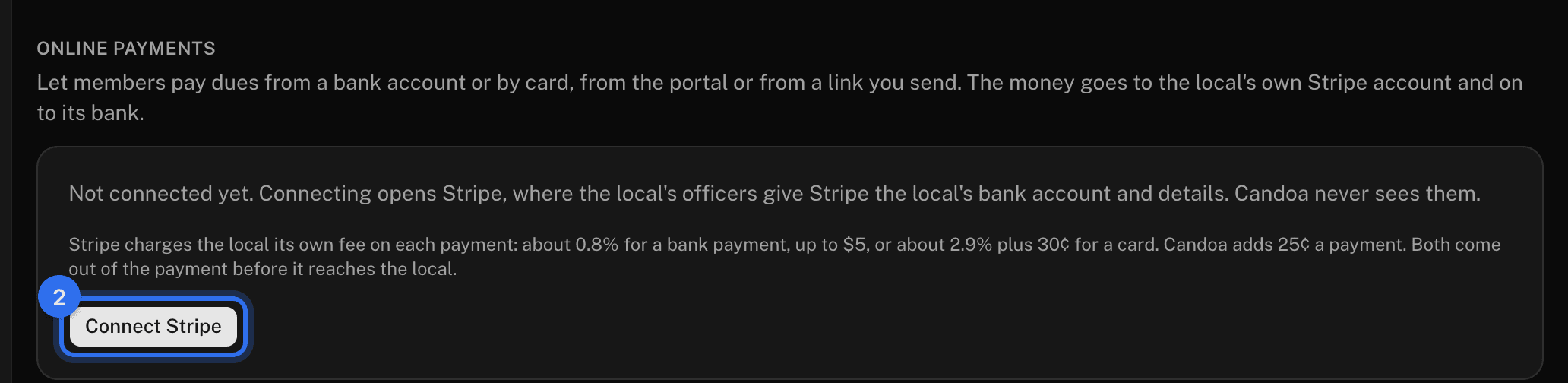 Settings › Dues: Online payments, before the local is connected
