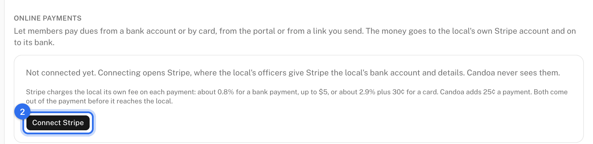 Settings › Dues: Online payments, before the local is connected