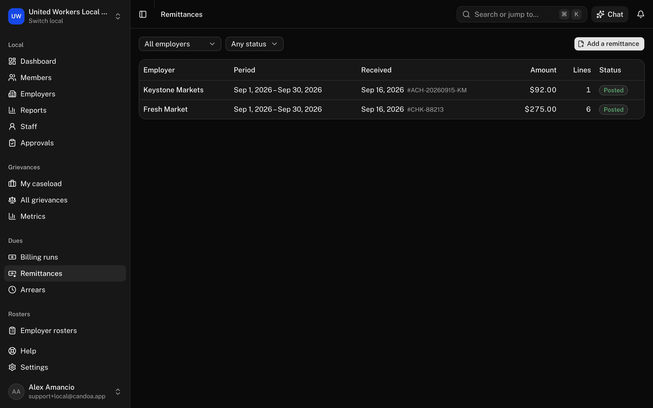 The Remittances list, with Add a remittance