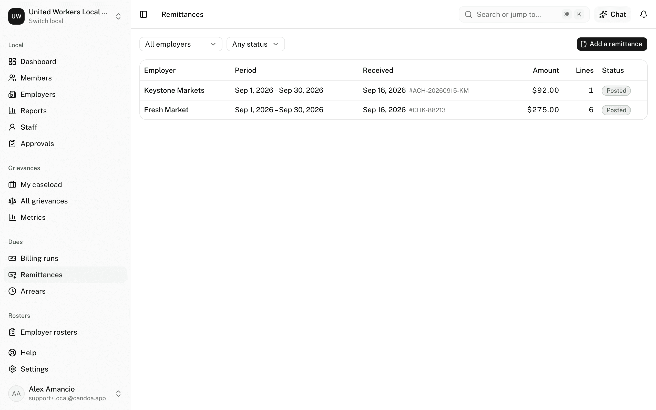 The Remittances list, with Add a remittance