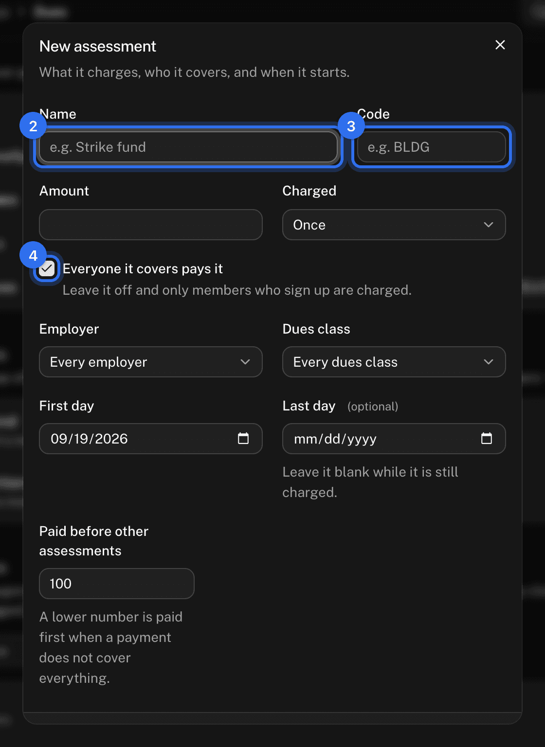 The Add assessment dialog: Name (2), Code (3), and Everyone it covers pays it (4)