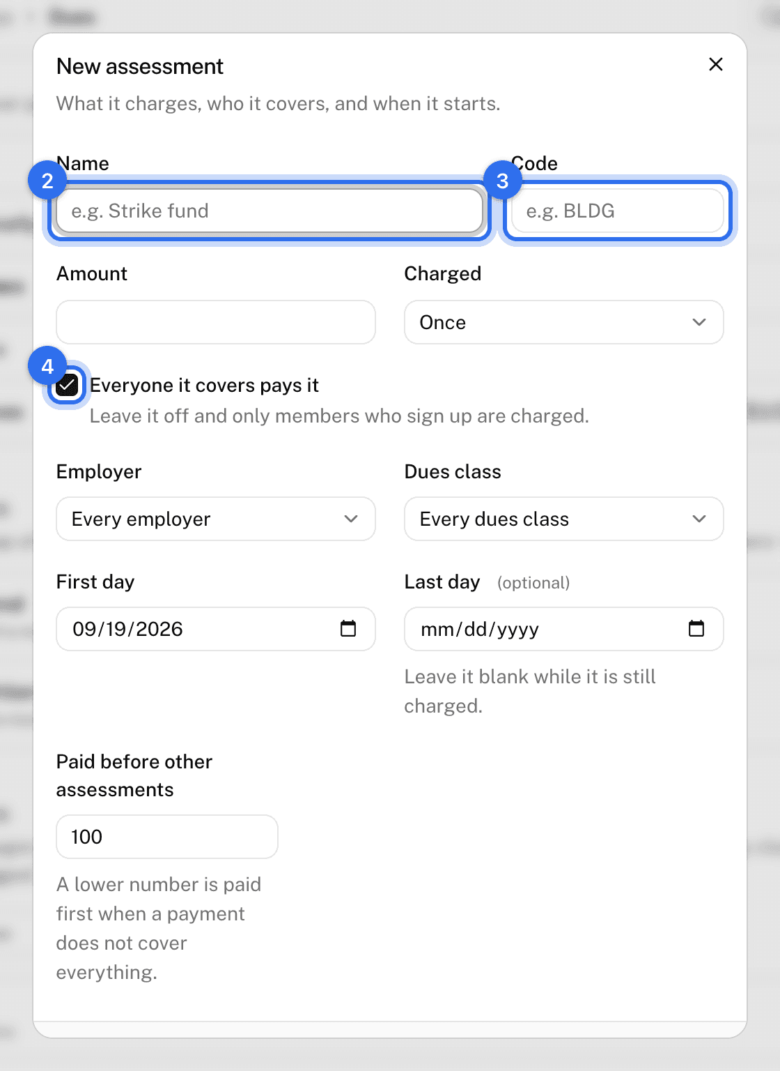 The Add assessment dialog: Name (2), Code (3), and Everyone it covers pays it (4)