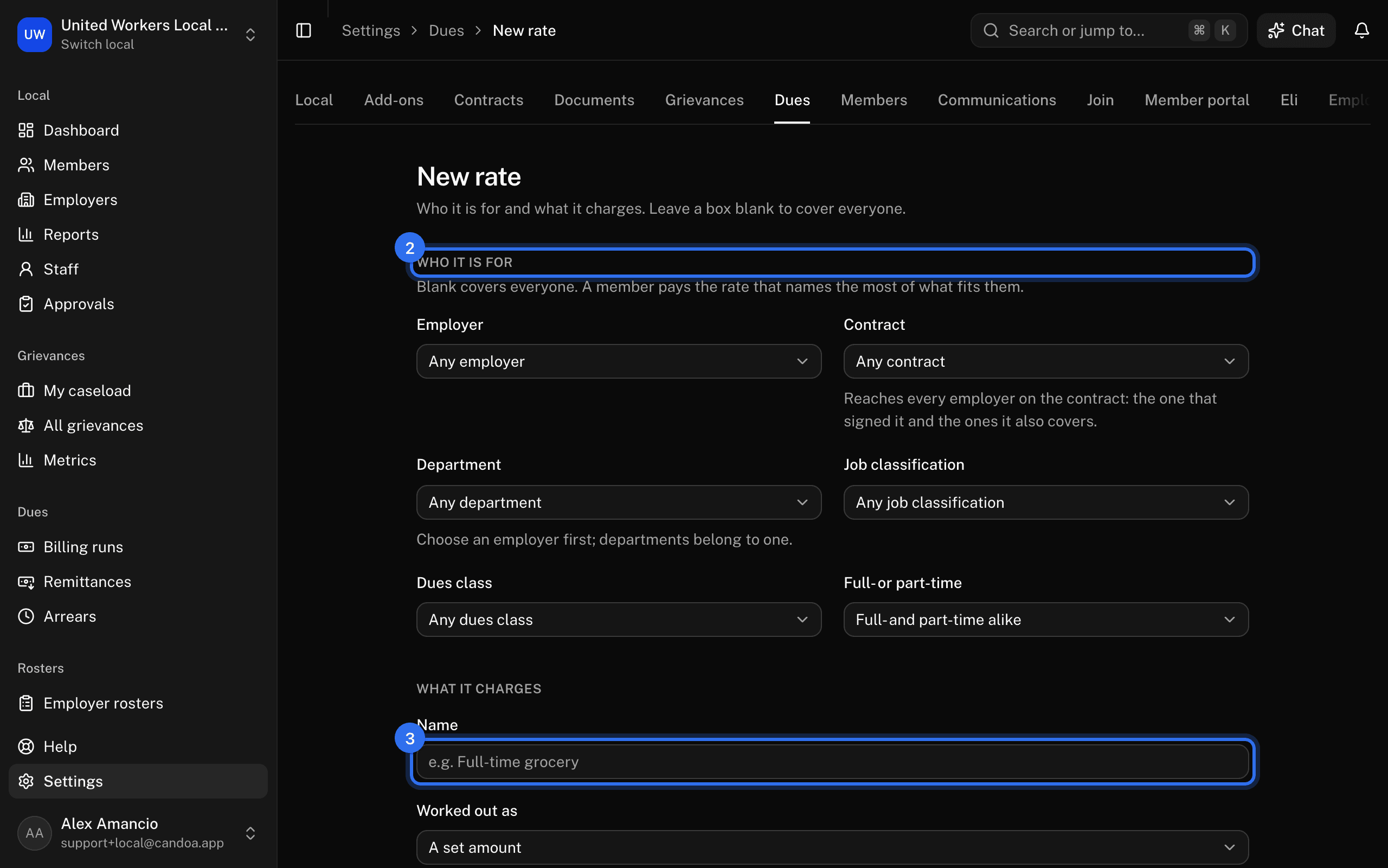 The New rate form: Who it is for (2) and the Name under What it charges (3)