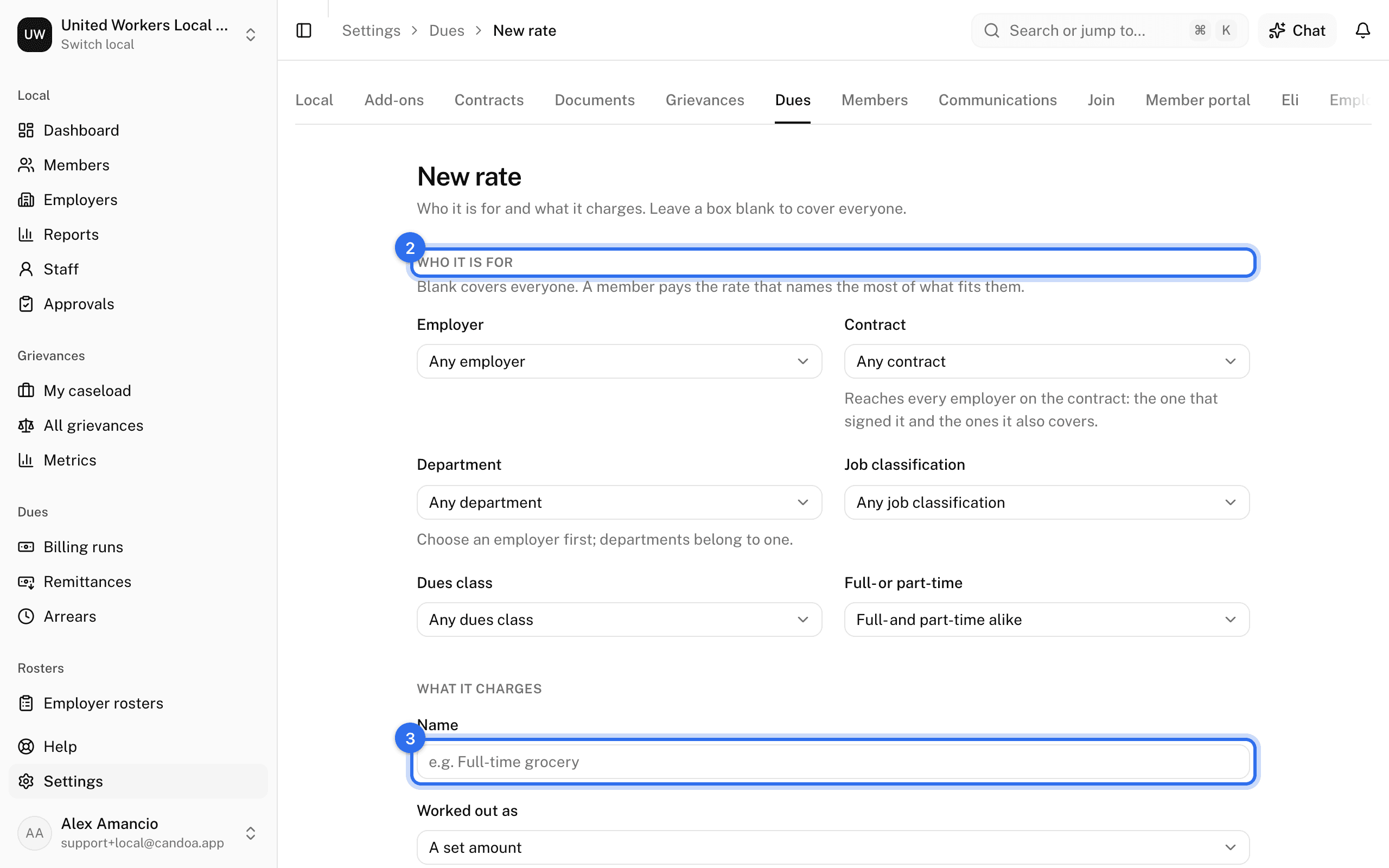 The New rate form: Who it is for (2) and the Name under What it charges (3)