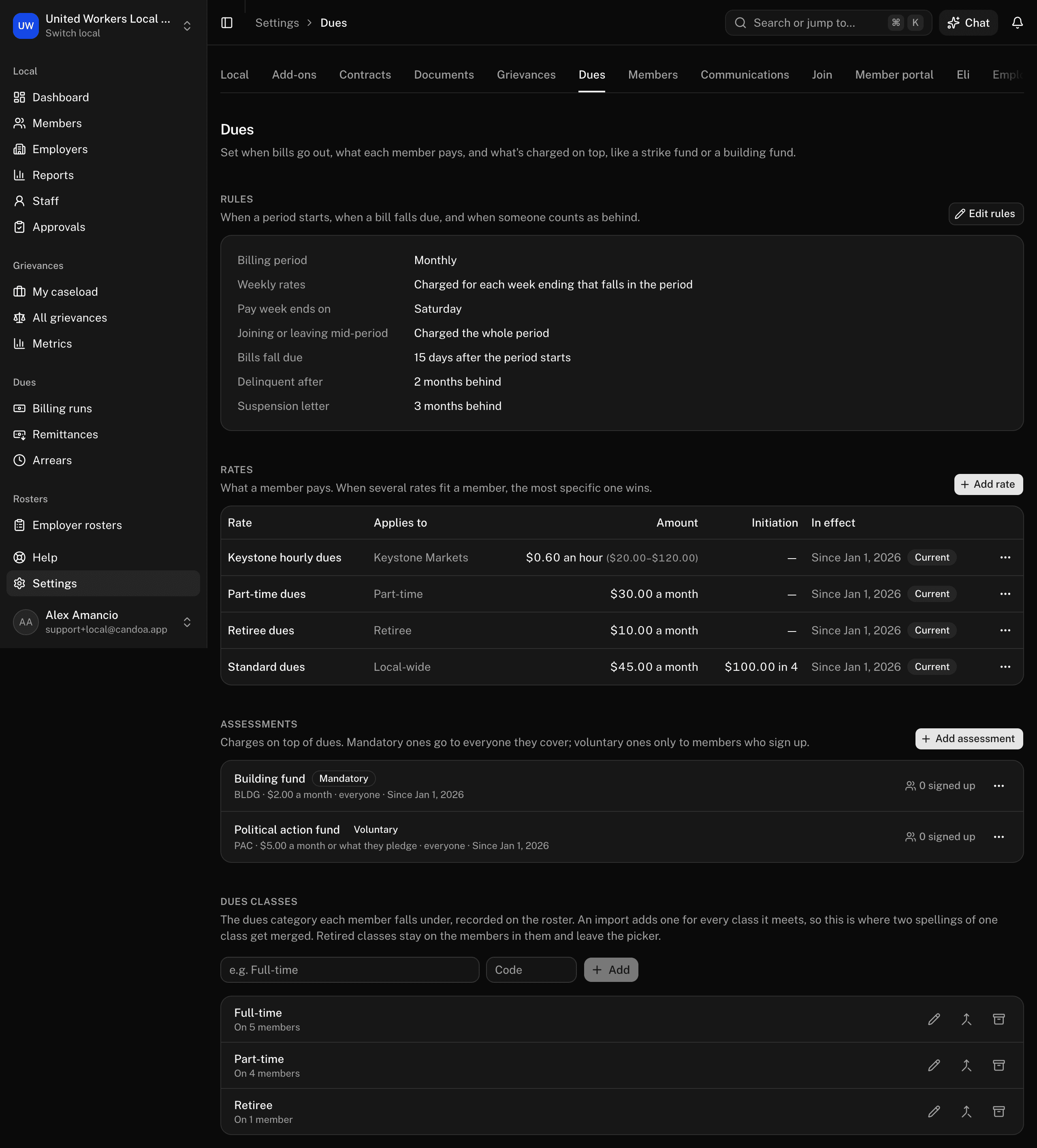 Settings › Dues: Rules, Rates, Assessments, and Dues classes