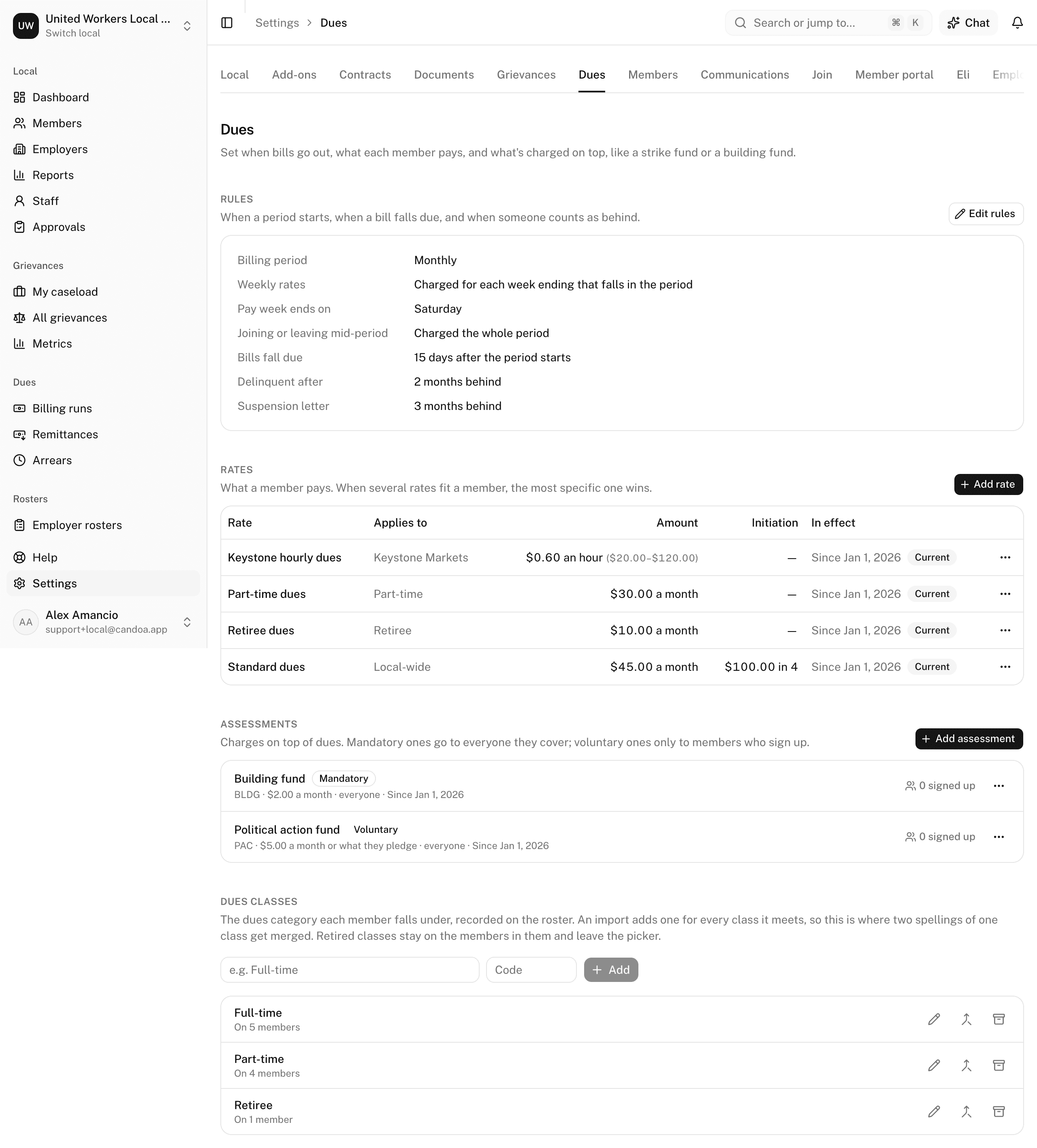Settings › Dues: Rules, Rates, Assessments, and Dues classes
