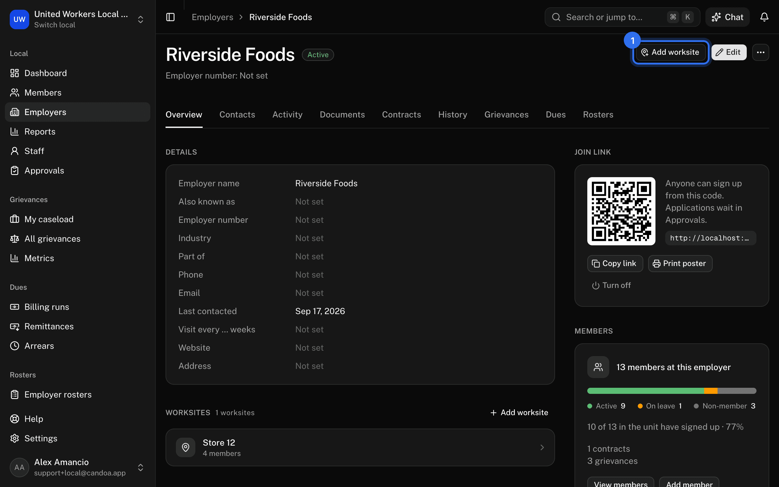 Add worksite (1) at the top right of the record