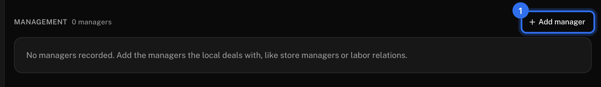 The Management section on the Contacts tab with Add manager (1)