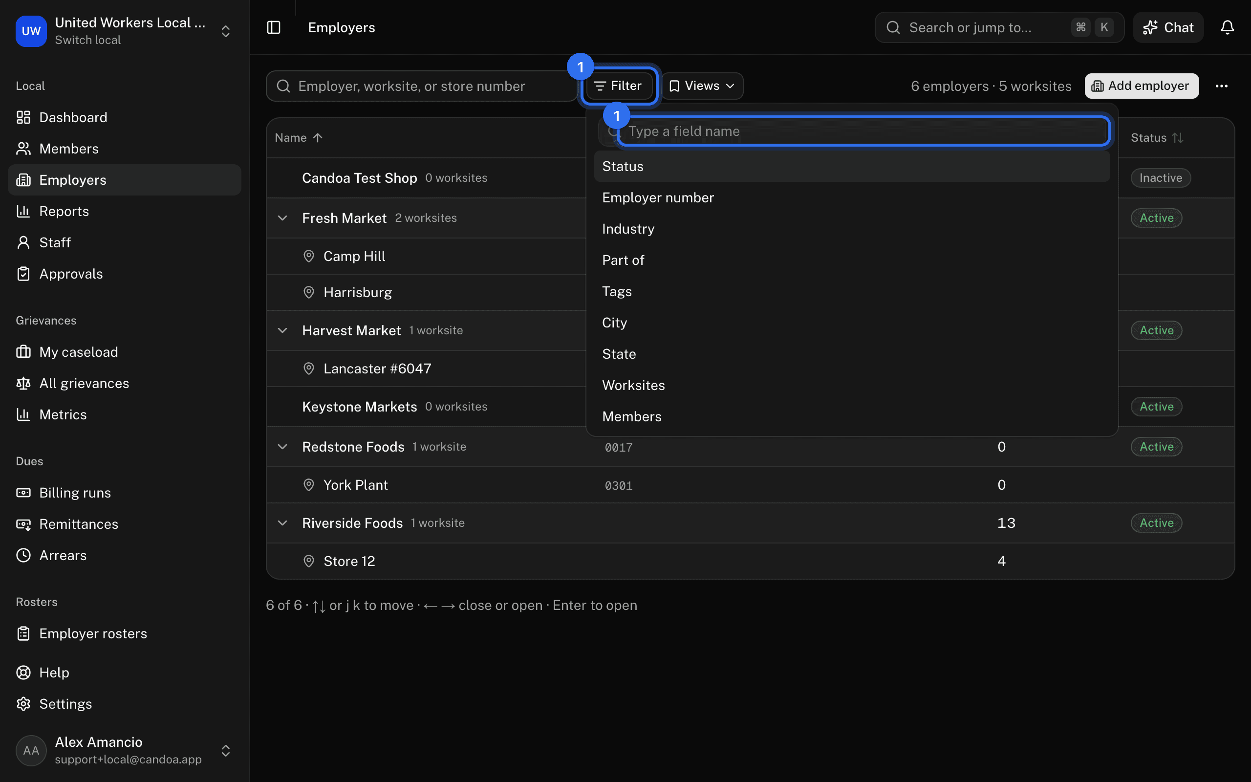 Filter (1) opens the conditions on the employers list, with the field box (1) where you type a field name
