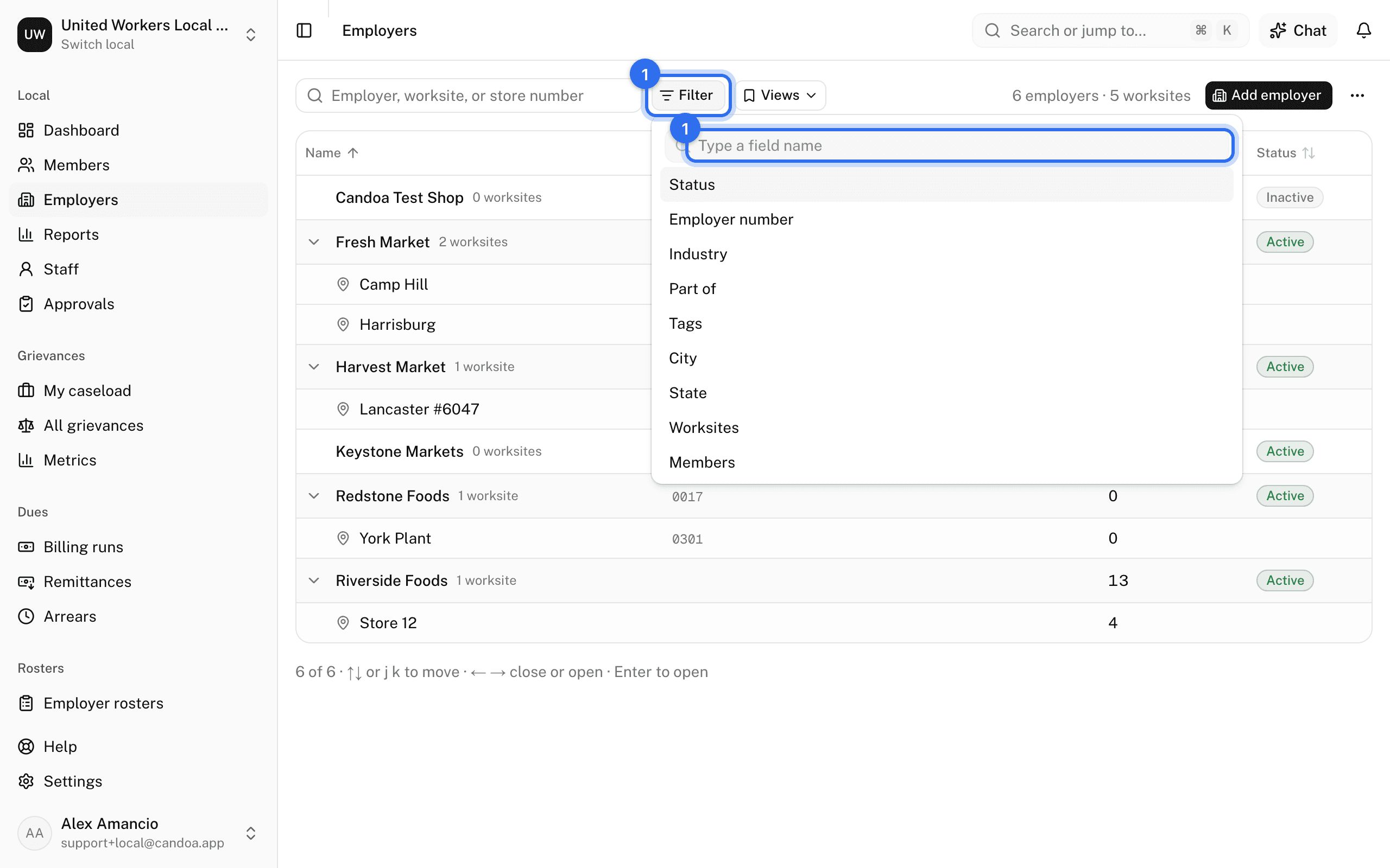 Filter (1) opens the conditions on the employers list, with the field box (1) where you type a field name