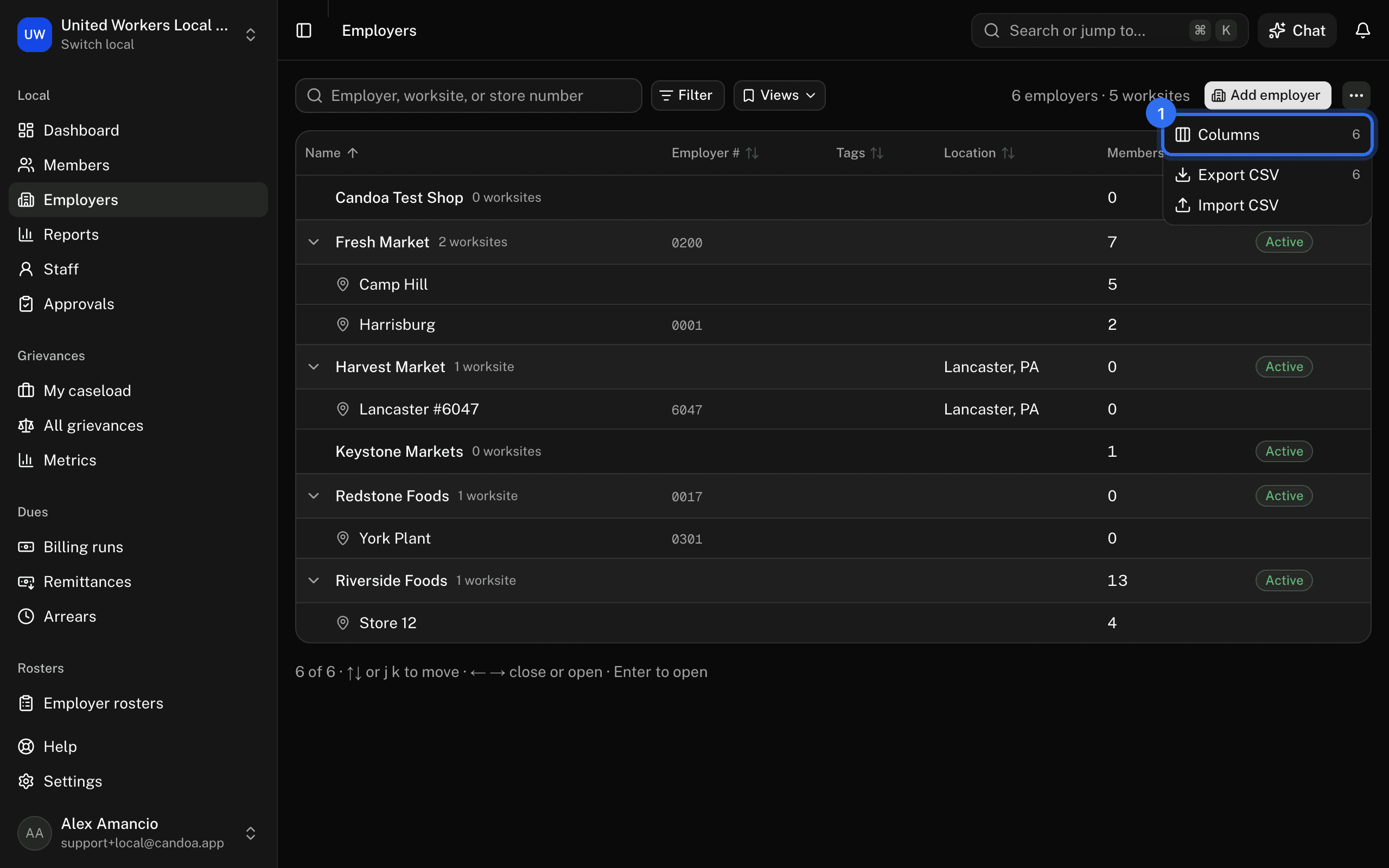 Columns (1) in the ⋯ menu at the end of the toolbar, above Export CSV and Import CSV