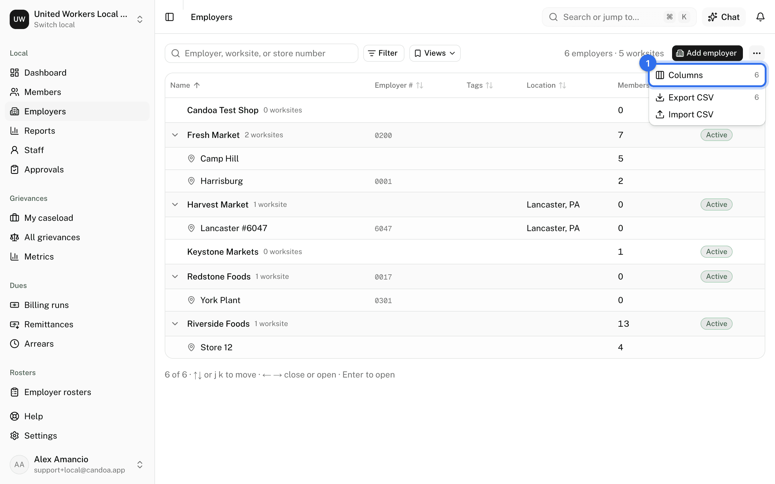 Columns (1) in the ⋯ menu at the end of the toolbar, above Export CSV and Import CSV