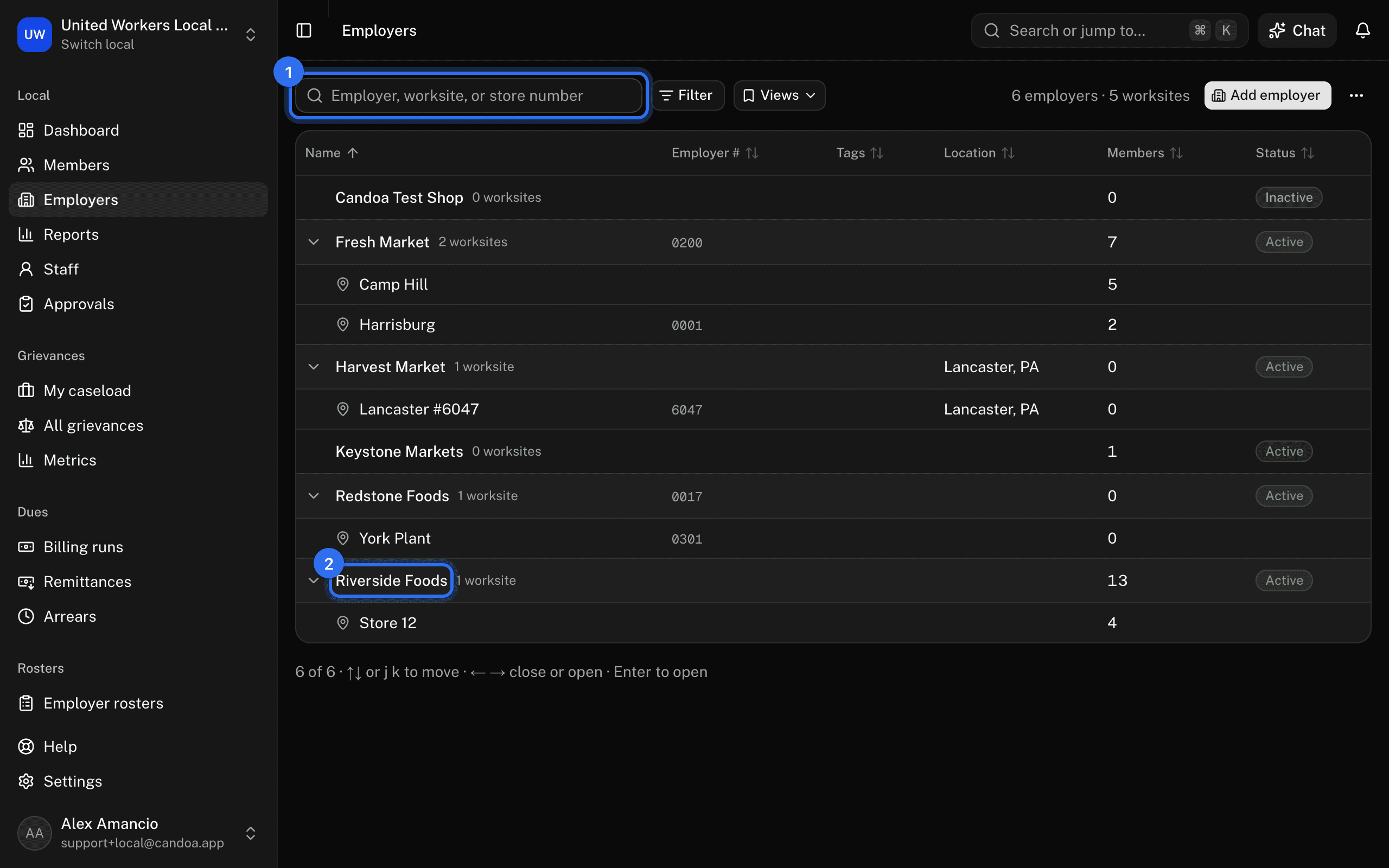 The search box (1) and an employer's row (2), with its worksites indented under it