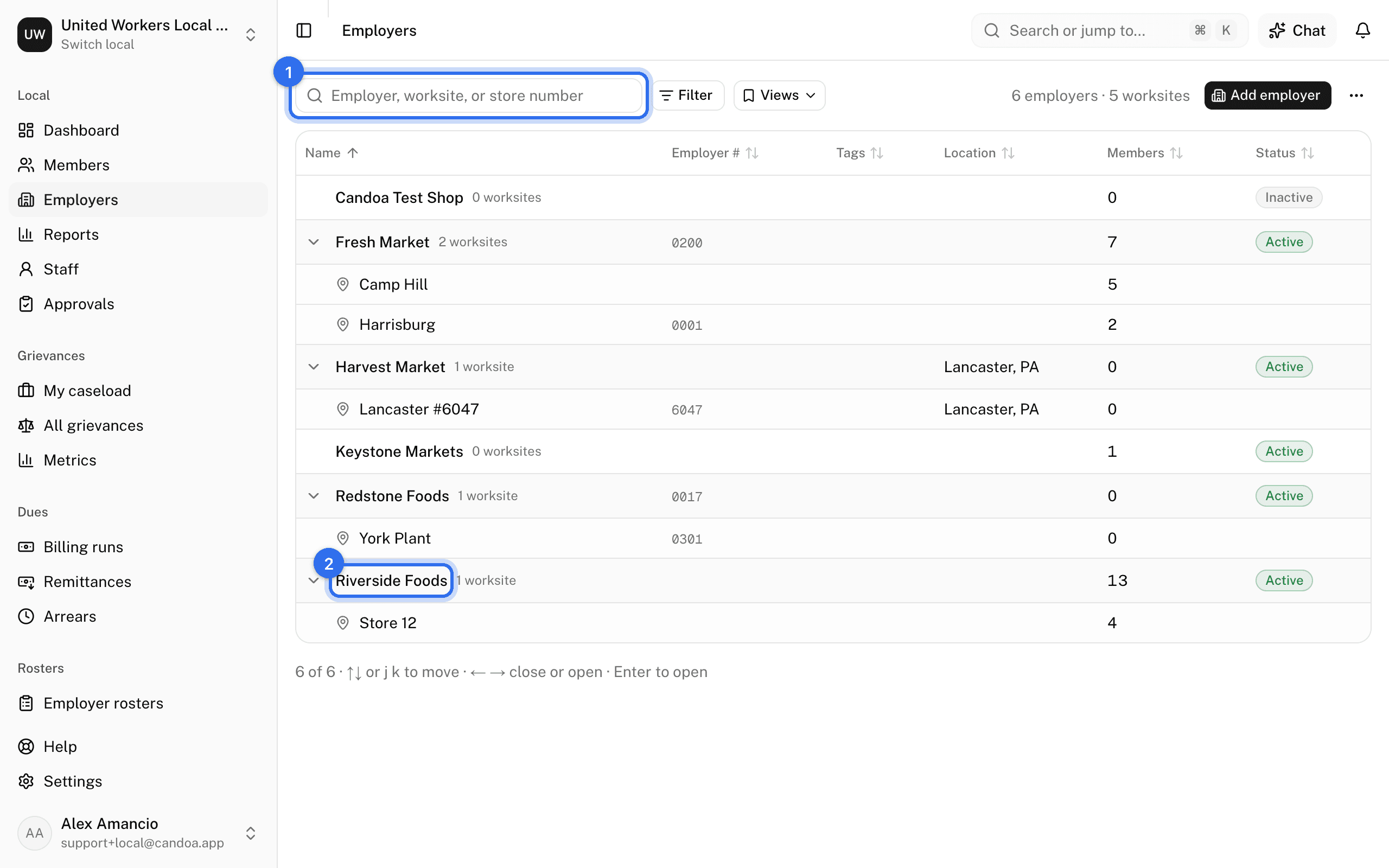 The search box (1) and an employer's row (2), with its worksites indented under it