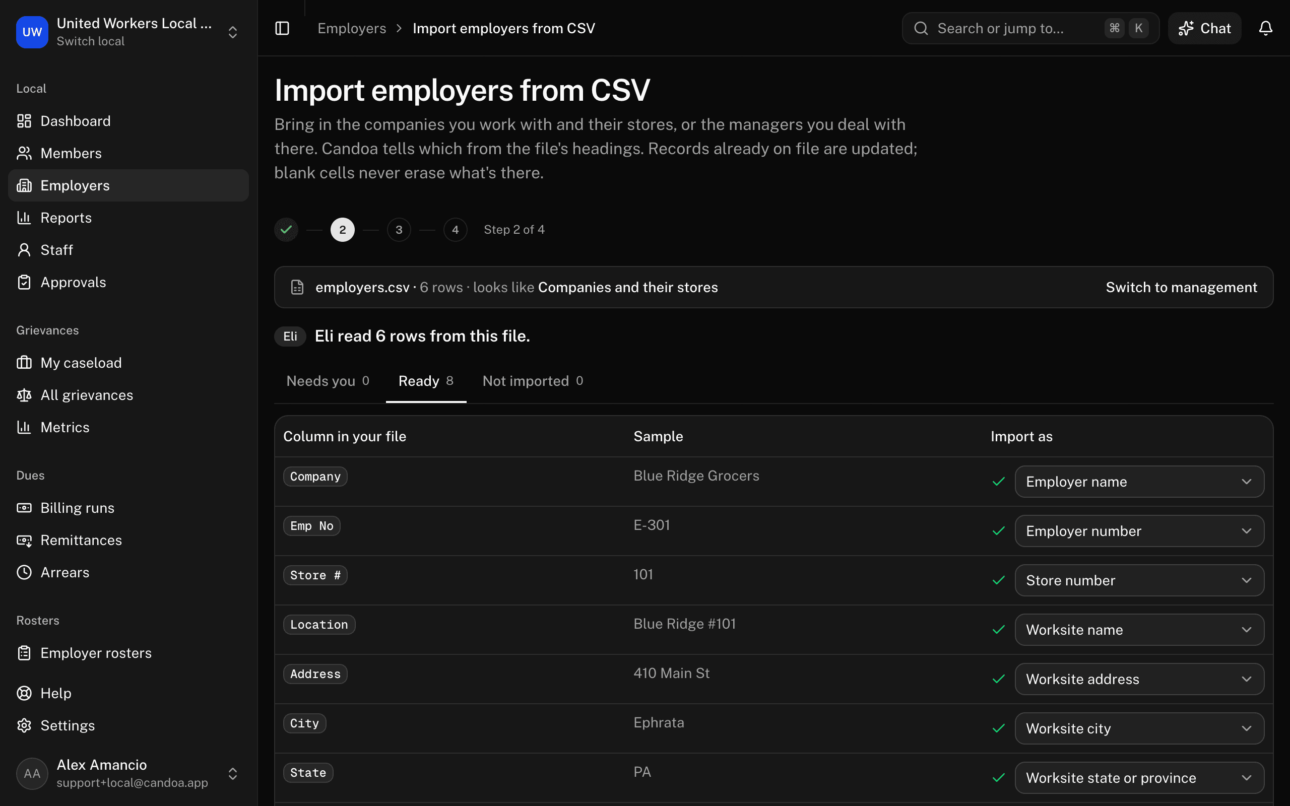 Step 2 says the file looks like Companies and their stores and lists every column with what it imports as