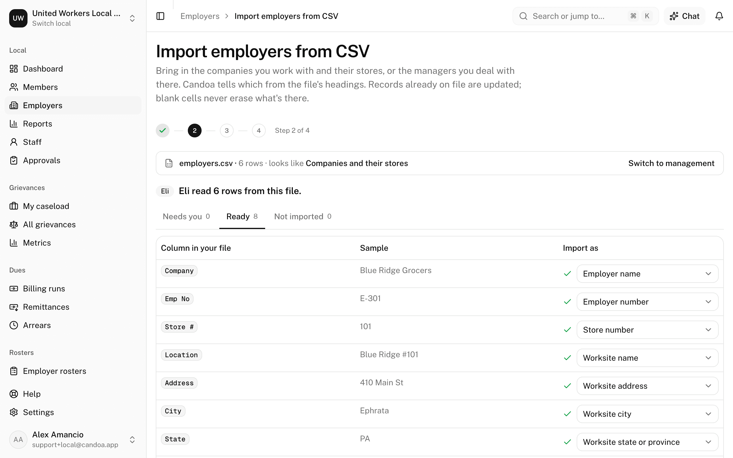 Step 2 says the file looks like Companies and their stores and lists every column with what it imports as