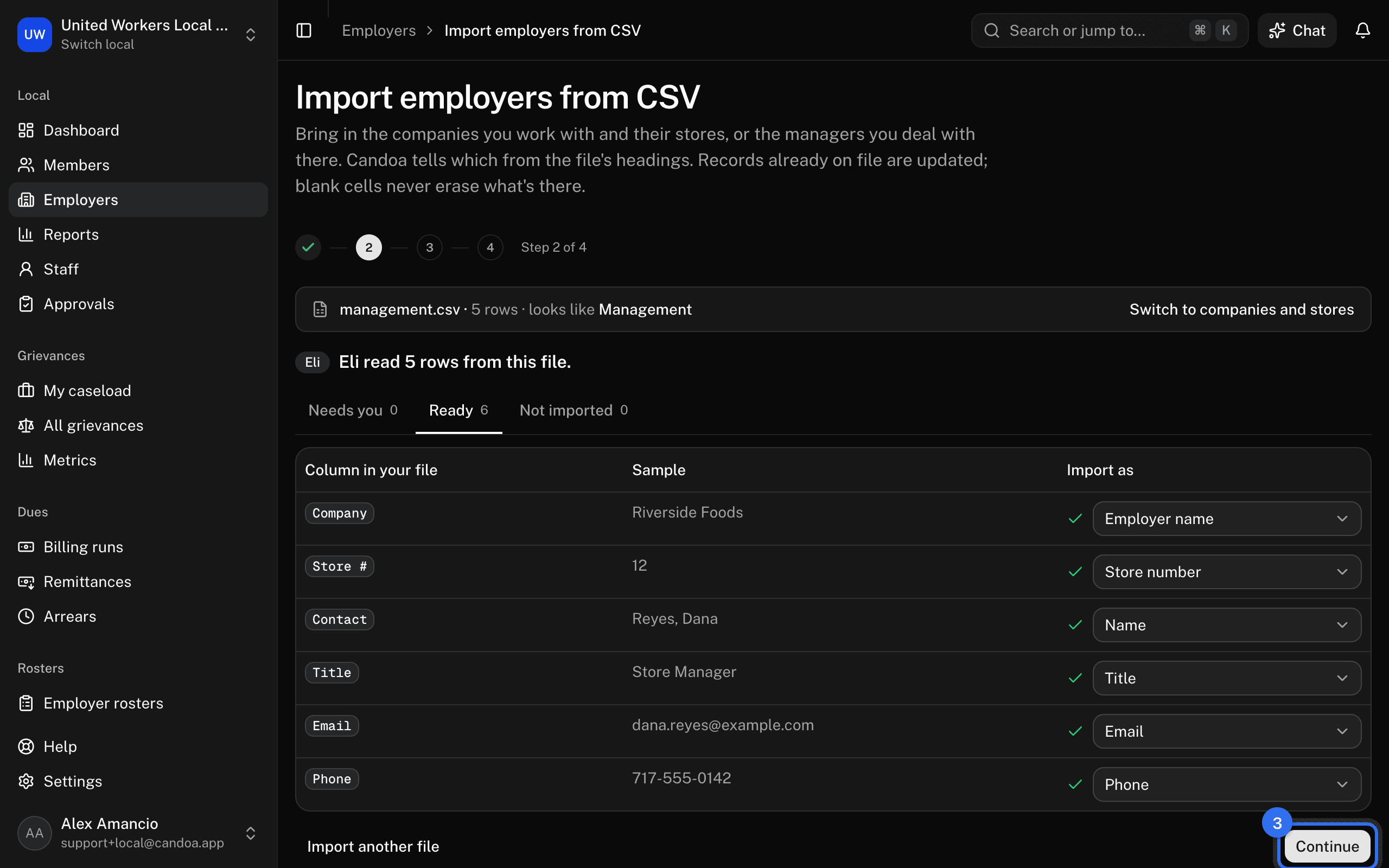A management file at step 2: the columns under Manager, Employer, and Worksite, and Continue (3)