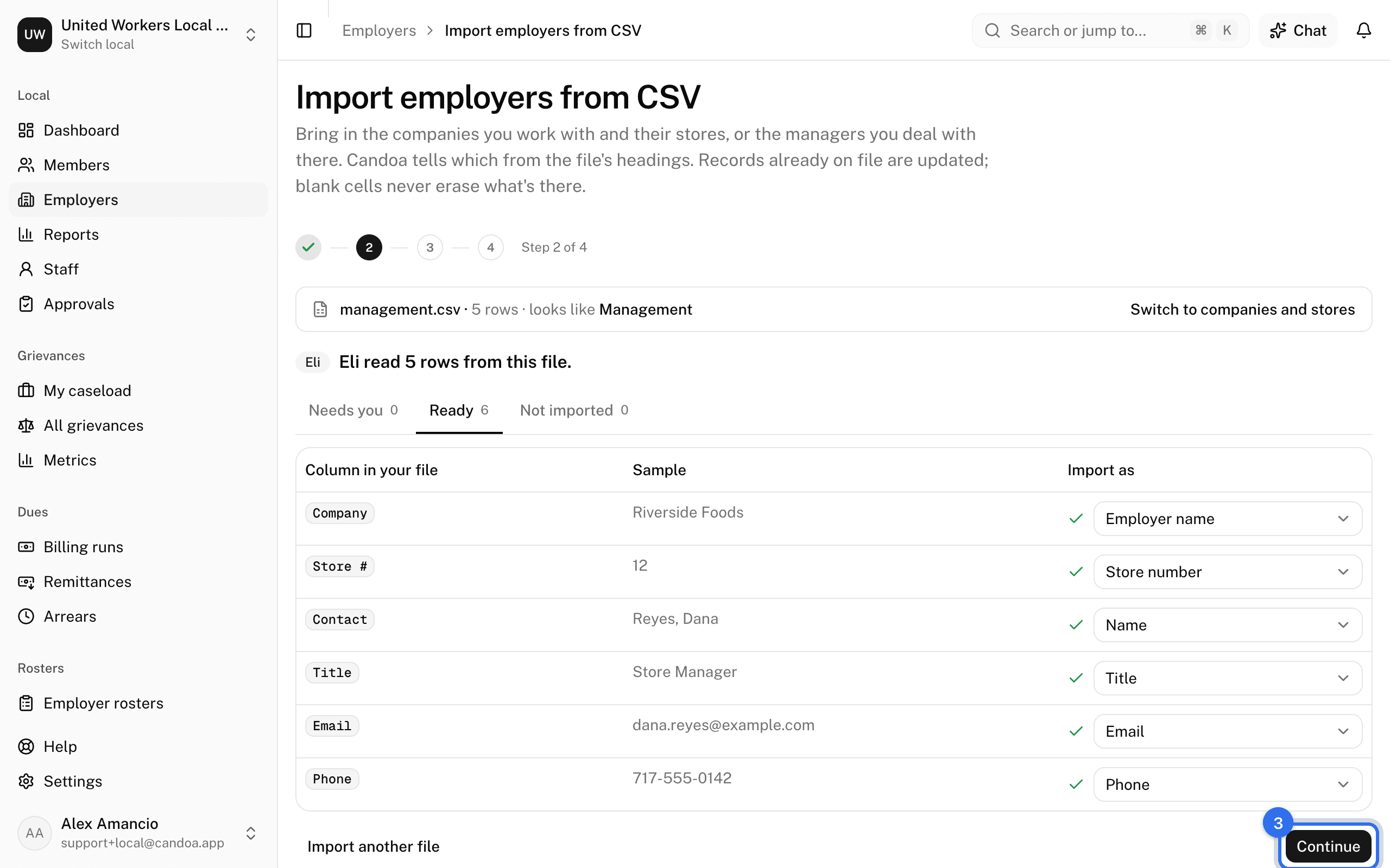 A management file at step 2: the columns under Manager, Employer, and Worksite, and Continue (3)