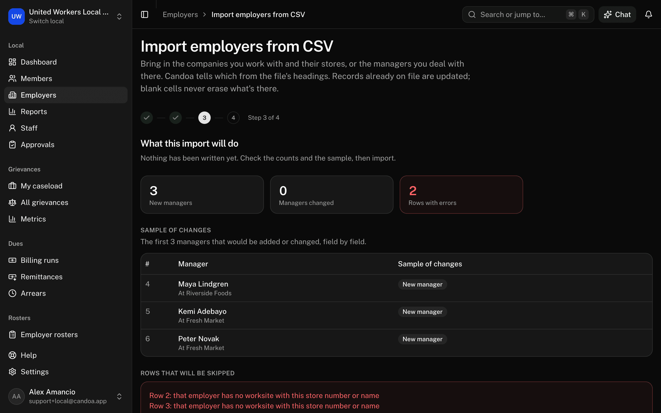 The management preview with New managers, Managers changed, and Rows with errors
