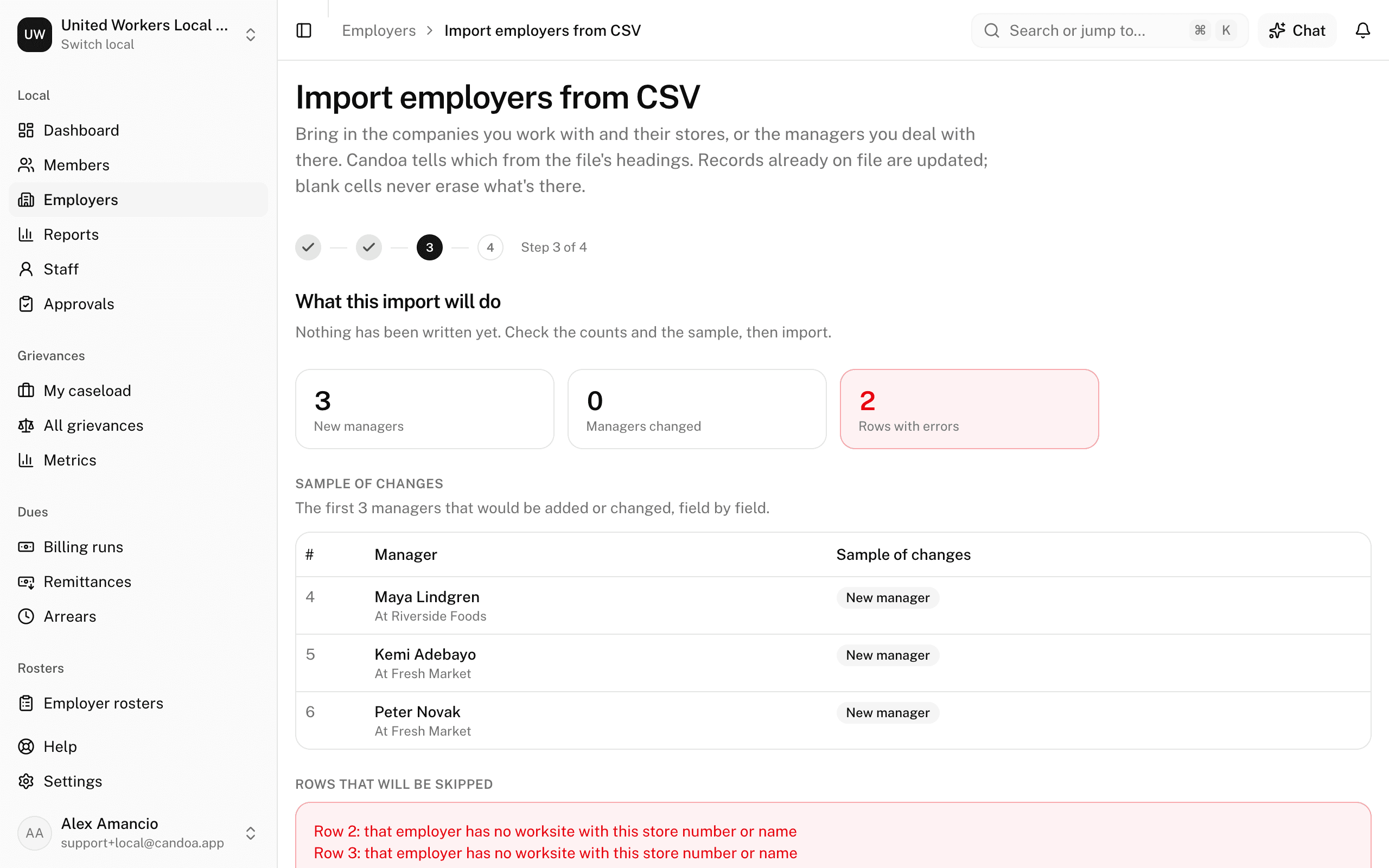 The management preview with New managers, Managers changed, and Rows with errors
