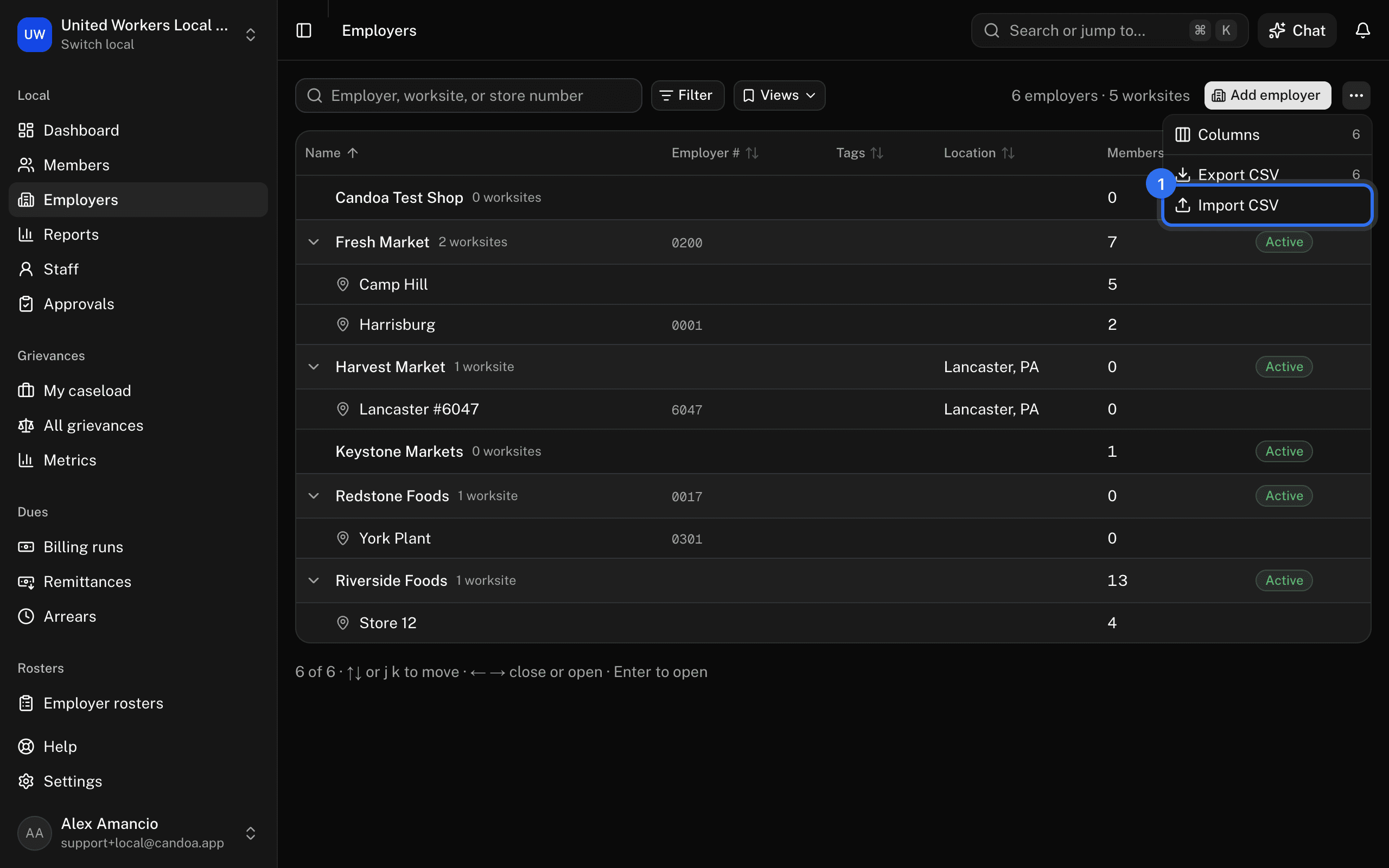 Import CSV (1) in the ⋯ menu on the employers list