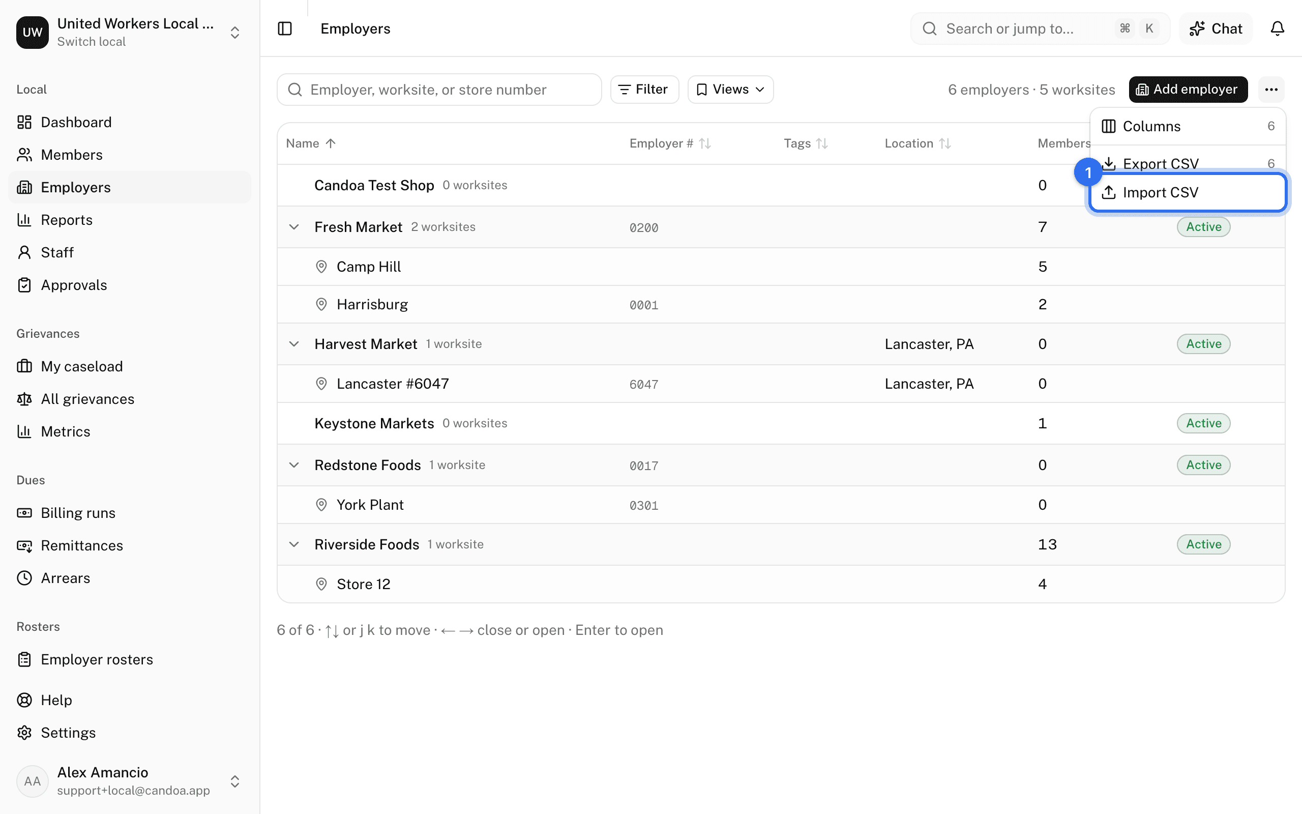 Import CSV (1) in the ⋯ menu on the employers list
