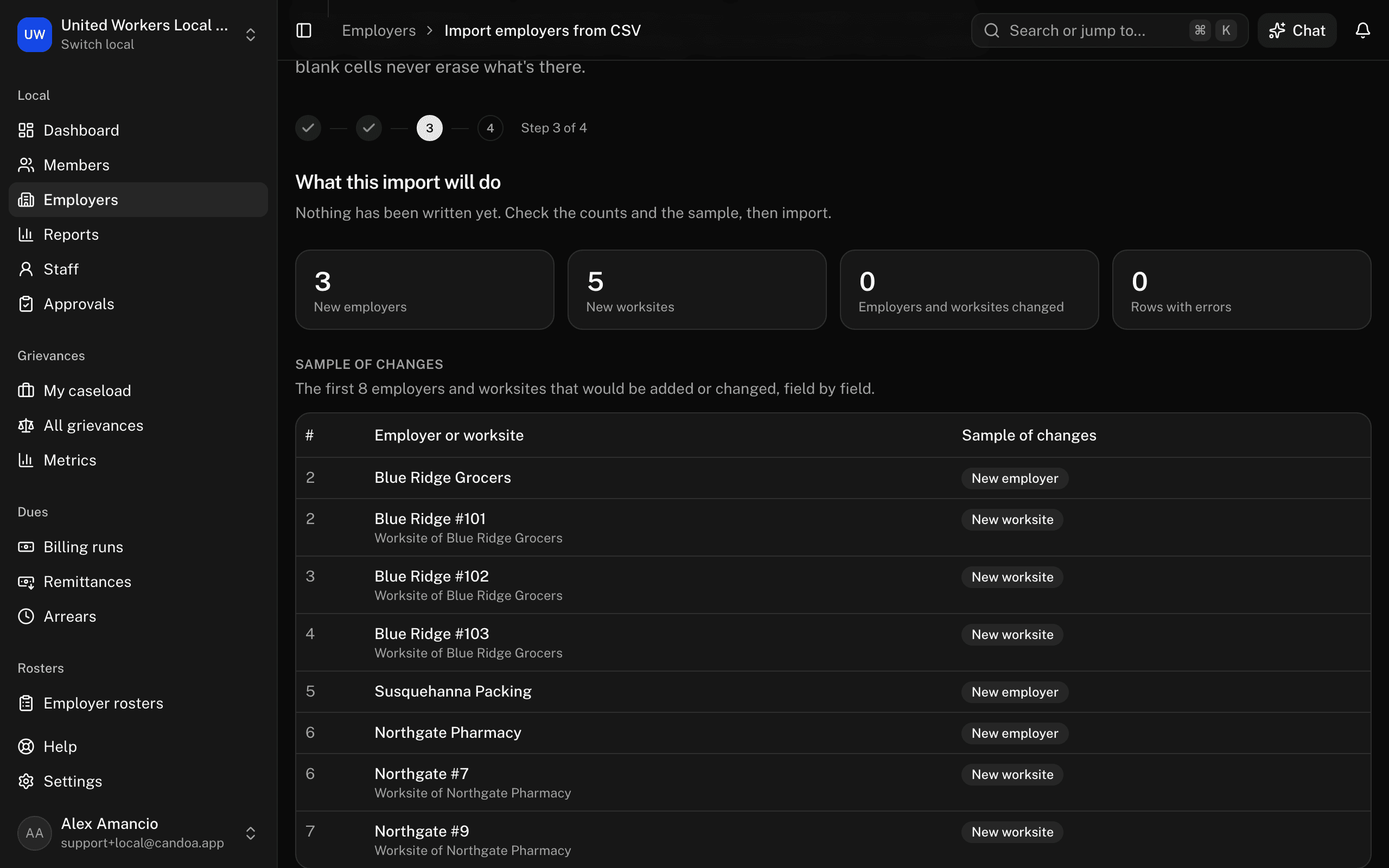 The preview counts the new employers and worksites, the changes, and the rows with errors before anything is written