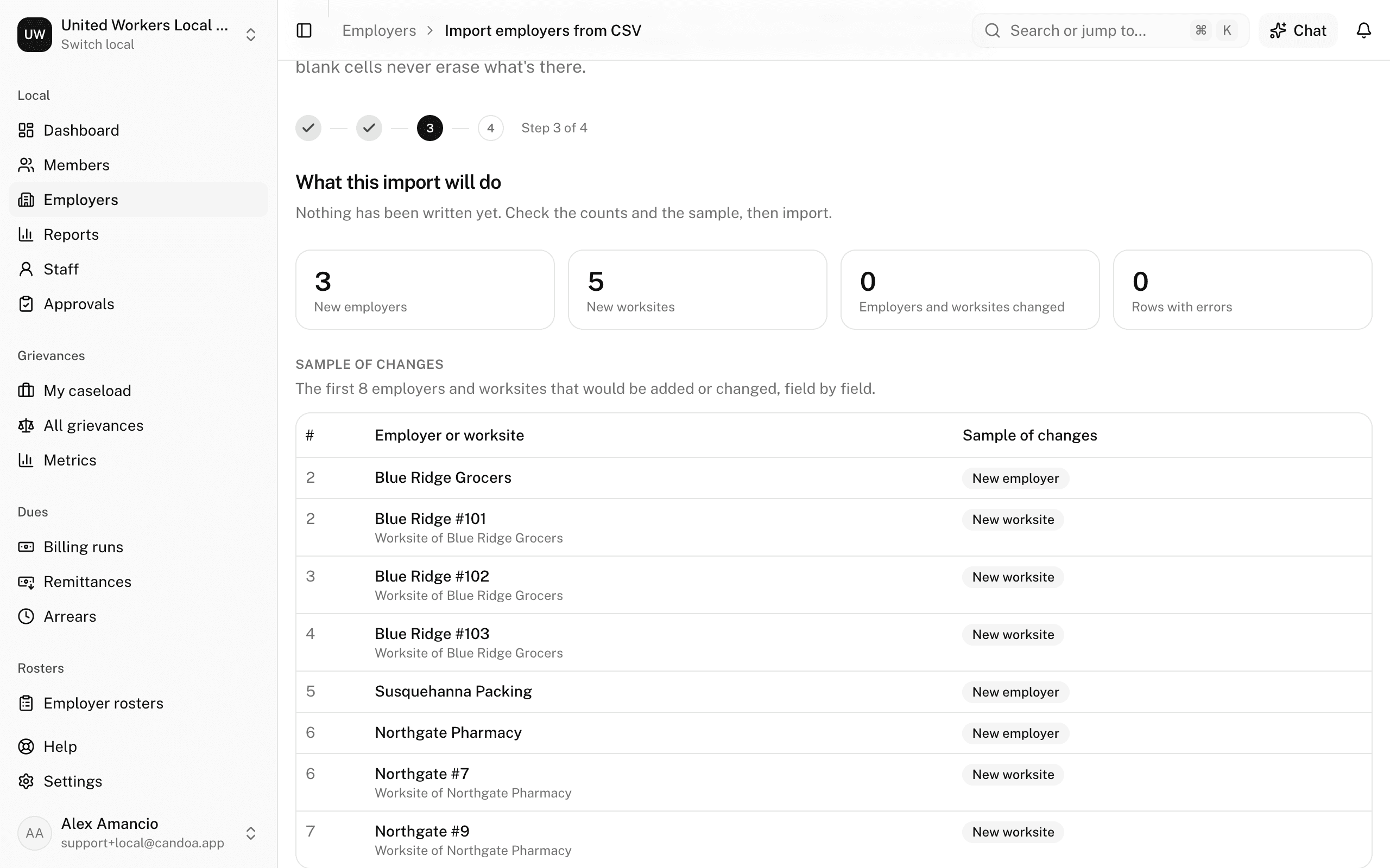 The preview counts the new employers and worksites, the changes, and the rows with errors before anything is written