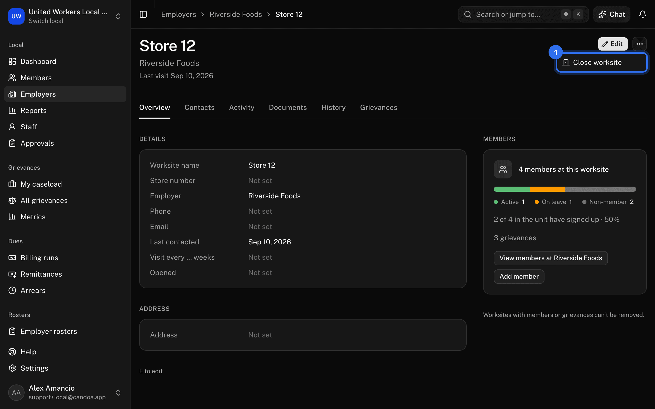 Close worksite (1) in the ⋯ menu at the top right