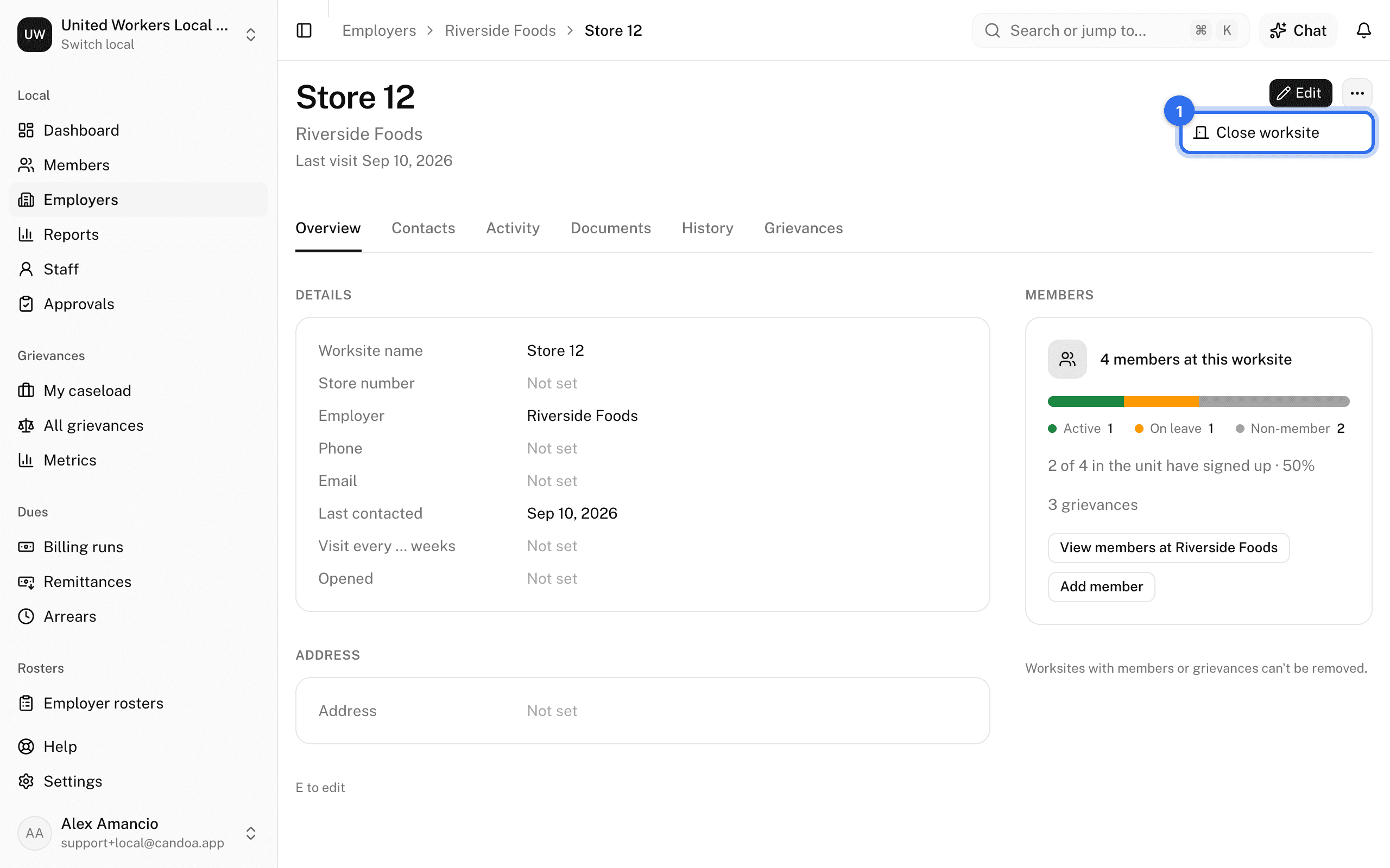 Close worksite (1) in the ⋯ menu at the top right