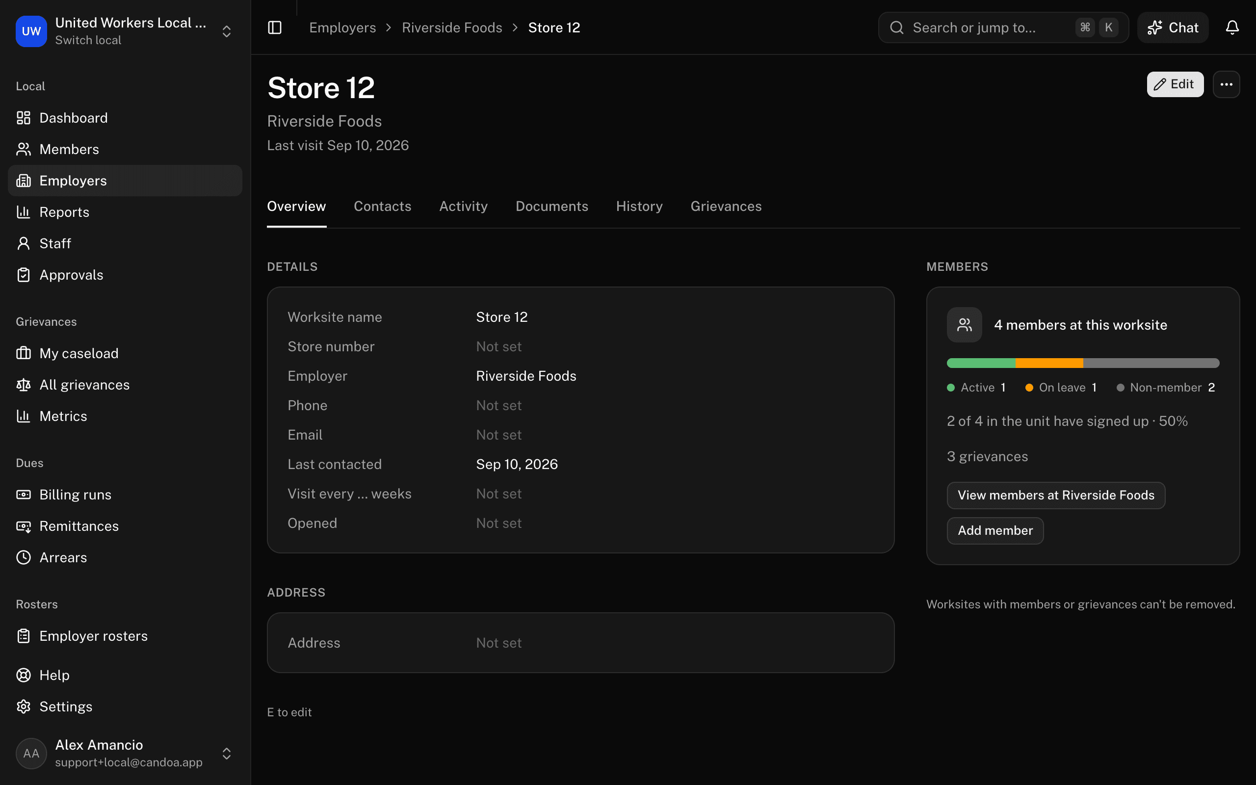 A worksite's record: the name, store number, and employer in the header, the buttons, and the row of tabs above the Overview