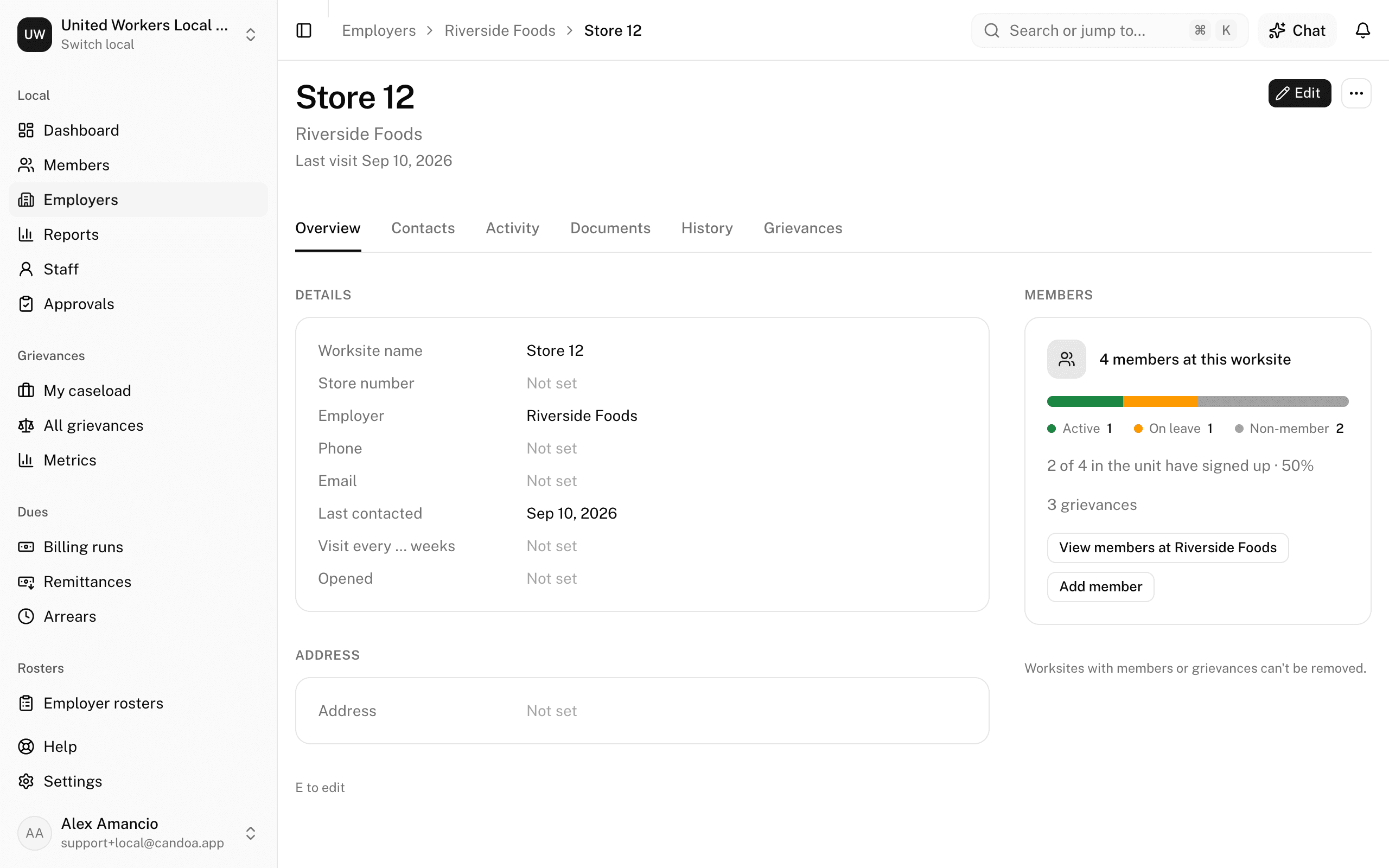 A worksite's record: the name, store number, and employer in the header, the buttons, and the row of tabs above the Overview